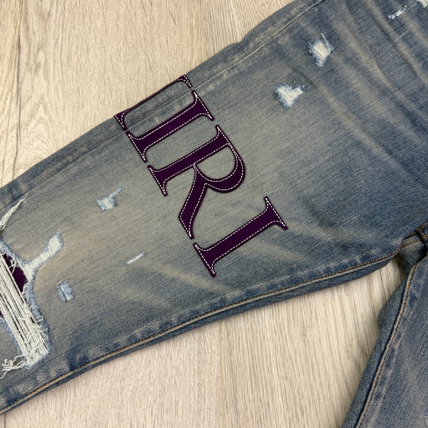 Amiri MX1 Men’s Blue Distressed Jeans With Purple Side Logo - Uk 32
