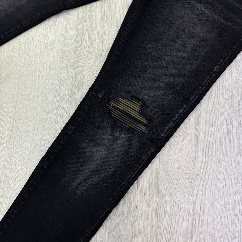 Amiri MX1 Men’s Black Distressed Core Camouflage Applique Jeans