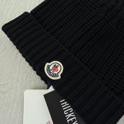 Moncler Logo Patch Ribbed Black Beanie