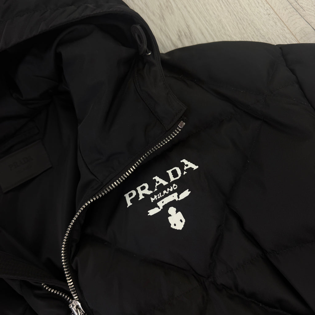 Prada Men’s Black Re-Nylon Triangle Padded Long Down Jacket White Logo - 50 (Fit XL)