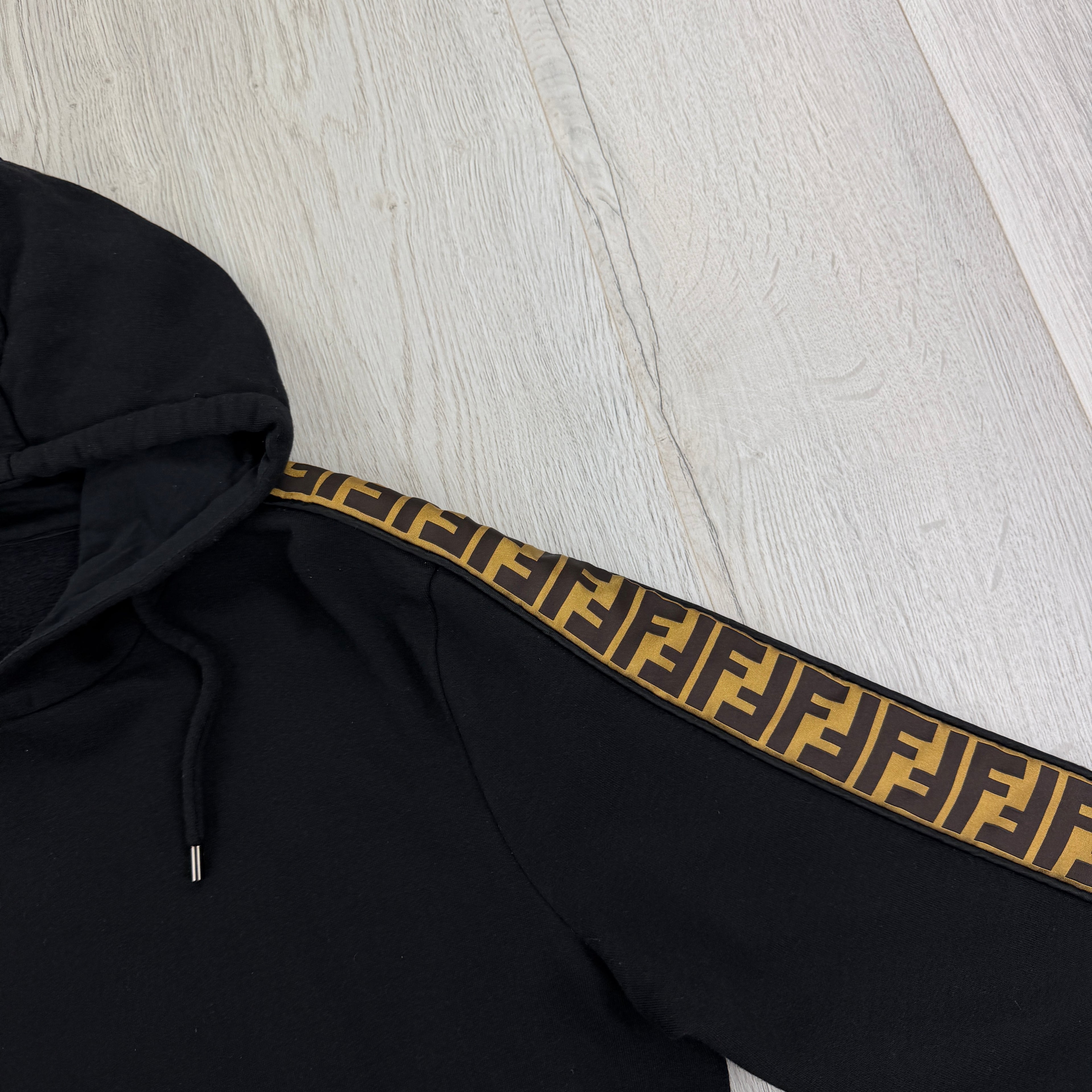 Fendi Men’s Black Pullover Hoodie FF Logo Down Sleeve - Large