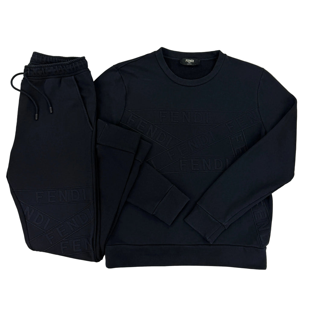 Fendi Men’s Logo Full Black Tracksuit - Medium Slim