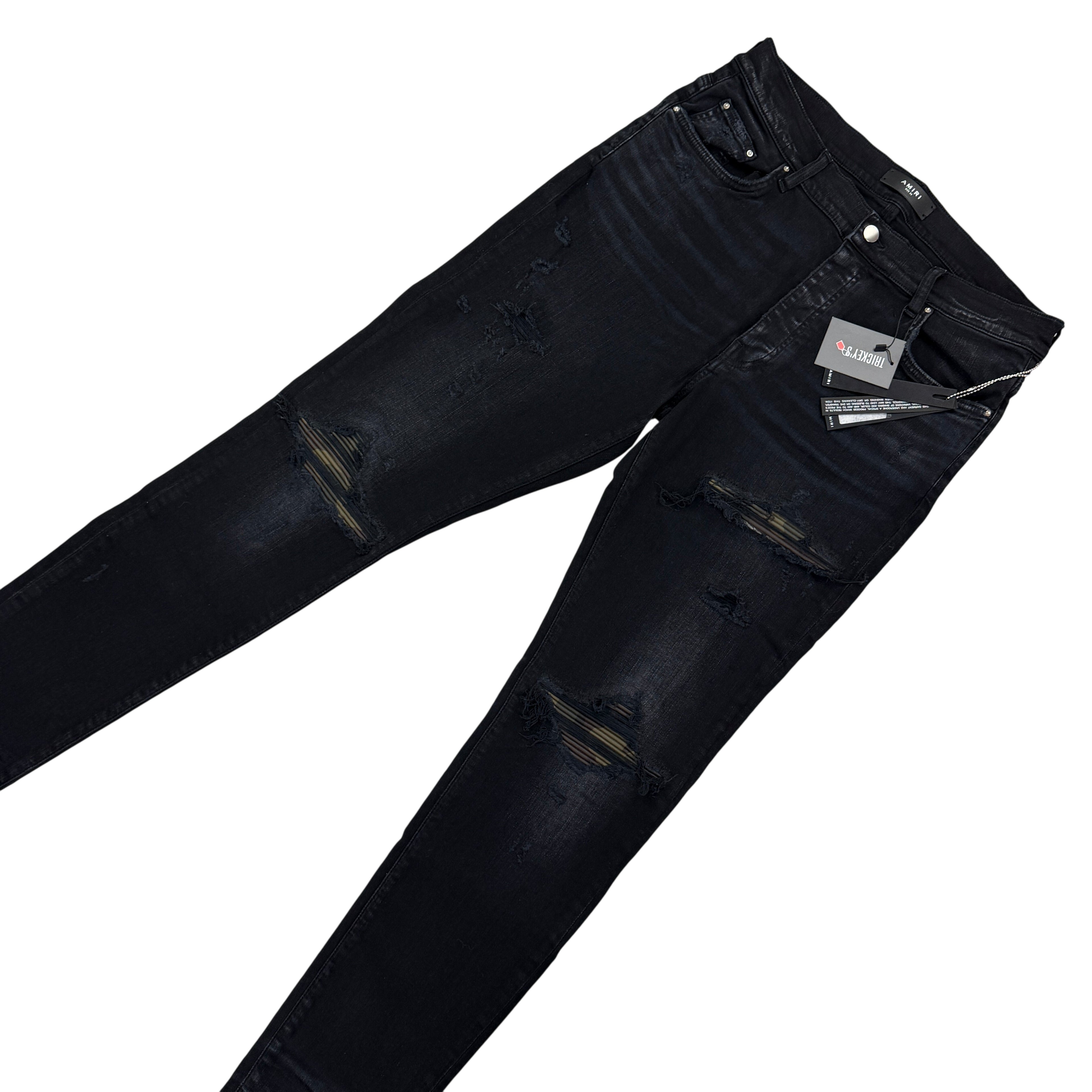 Amiri MX1 Men’s Black Distressed Core Camouflage Applique Jeans