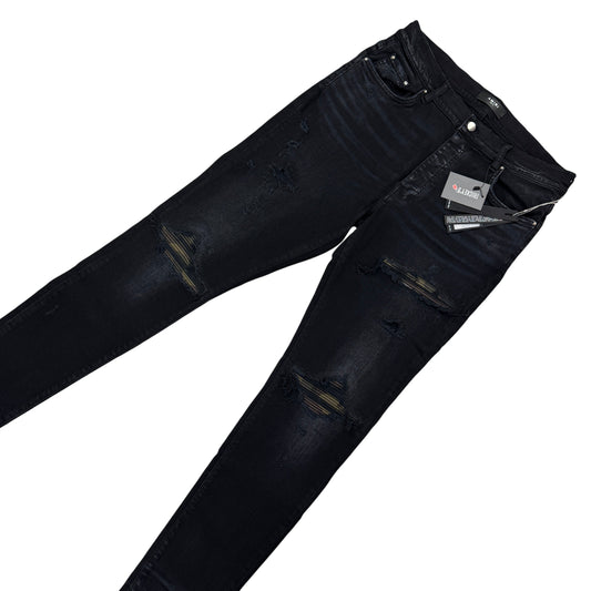 Amiri MX1 Men’s Black Distressed Core Camouflage Applique Jeans