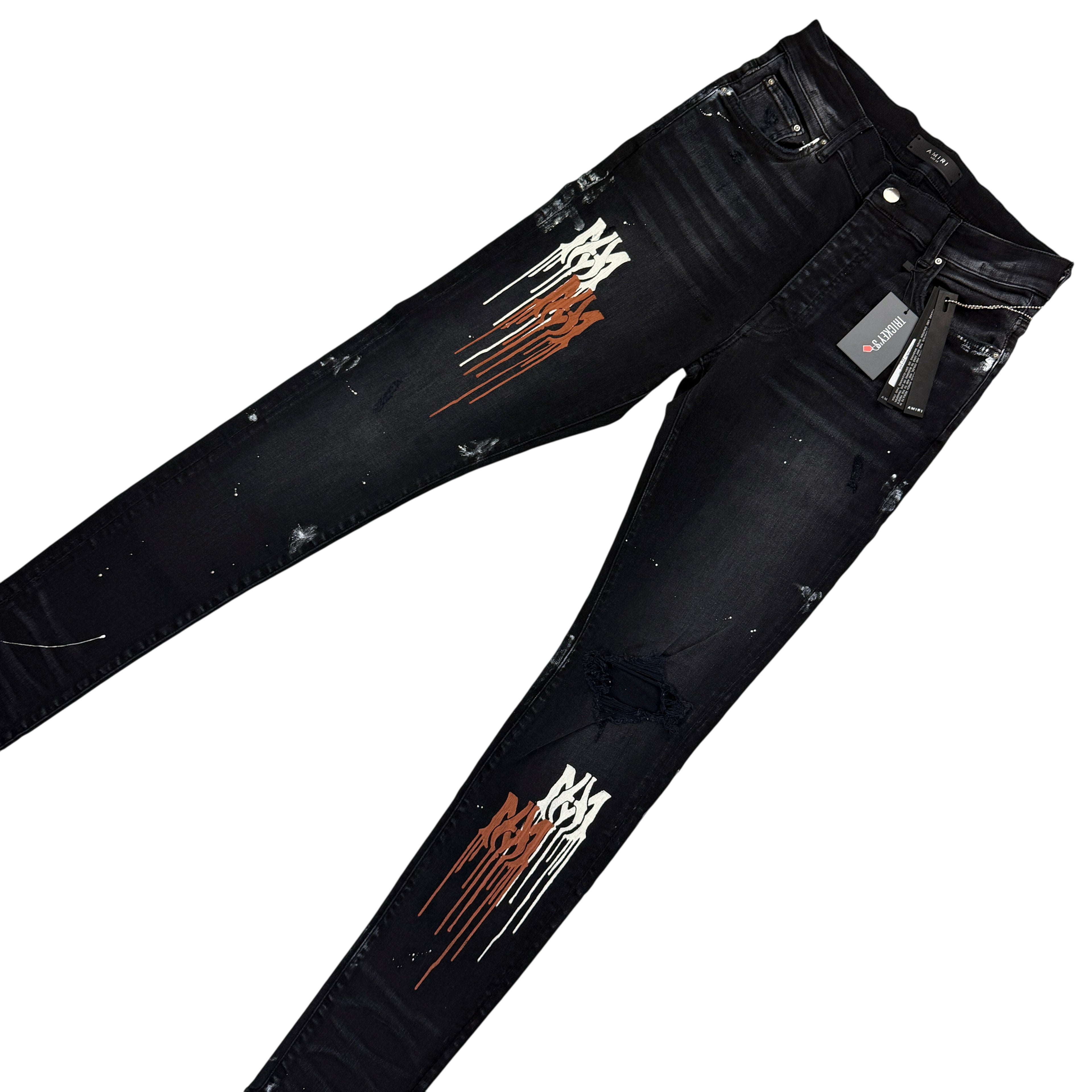 Amiri Men’s MX1 MA Logo Drip Black Distressed Jeans