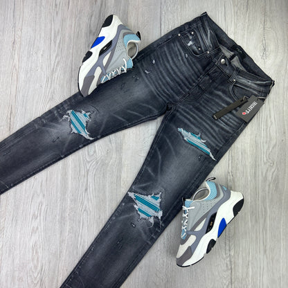Amiri Men’s MX1 Black Distressed Jeans Blue Patch