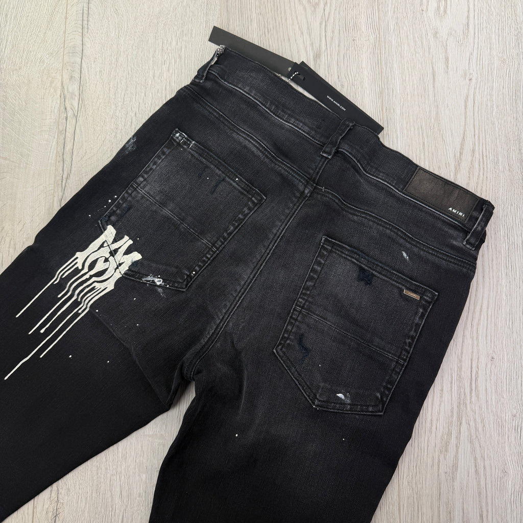 Amiri Men’s MX1 MA Logo Drip Black Distressed Jeans