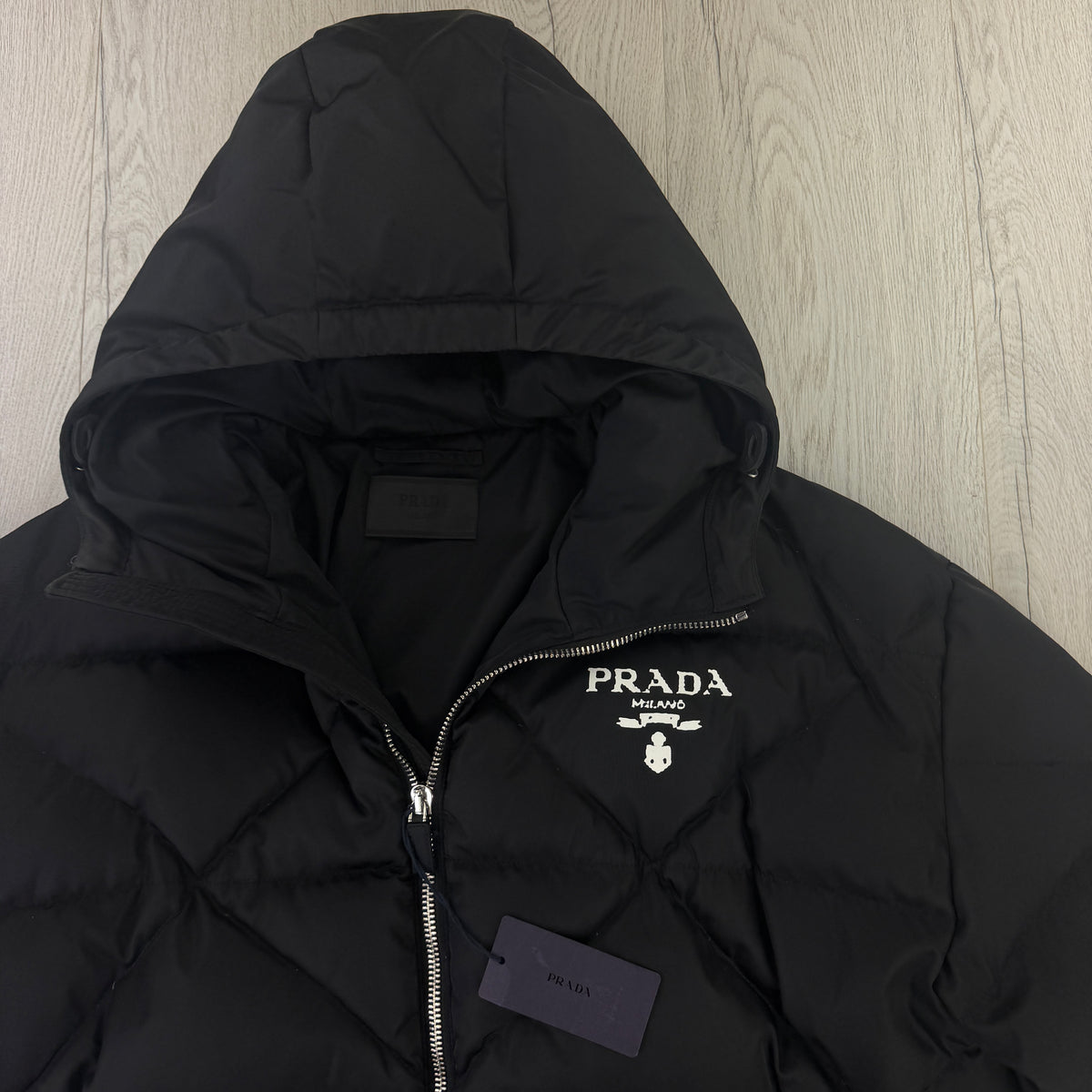 Prada Men’s Black Re-Nylon Triangle Padded Long Down Jacket White Logo - 50 (Fit XL)
