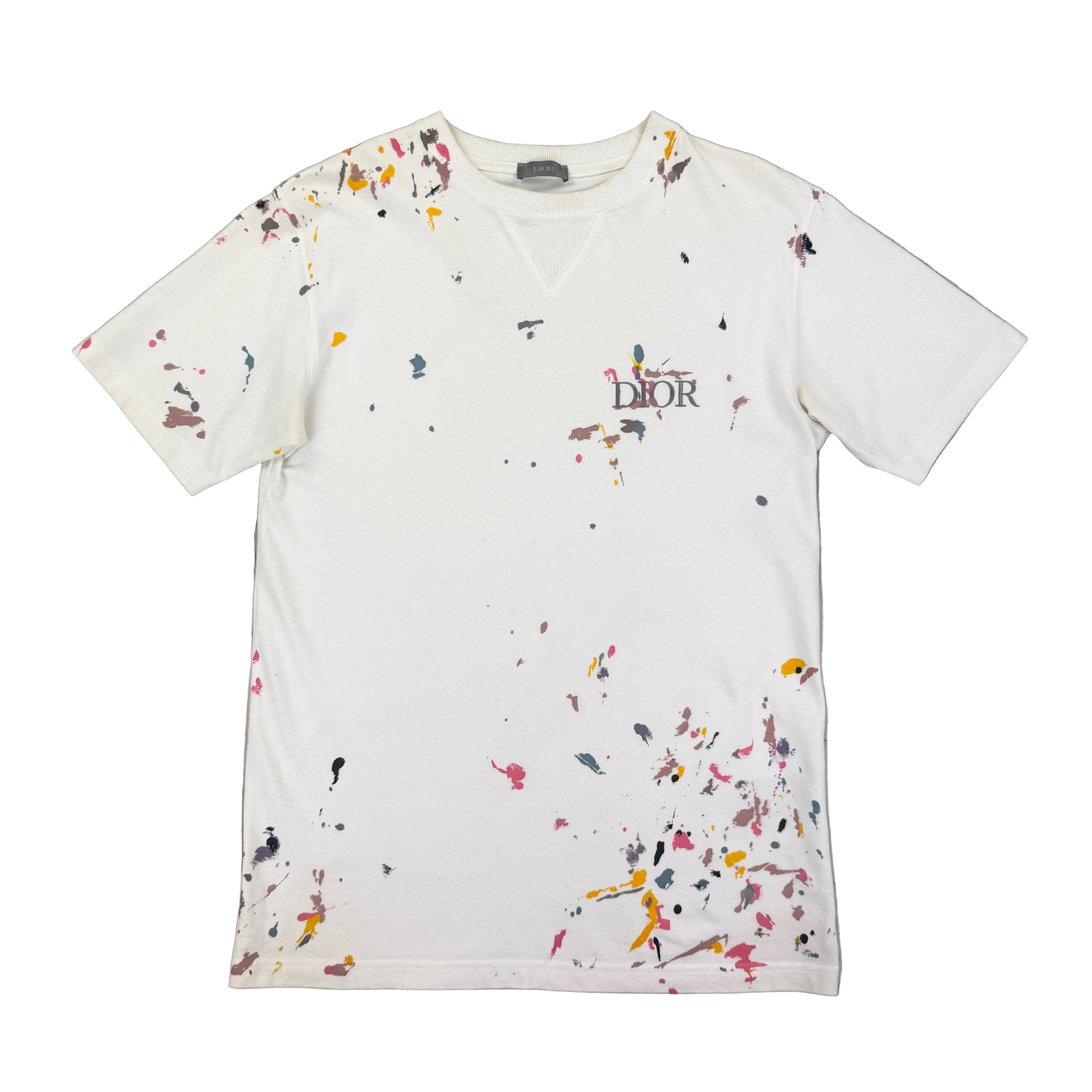 Dior Men’s White Paint Splattered T Shirt - Small