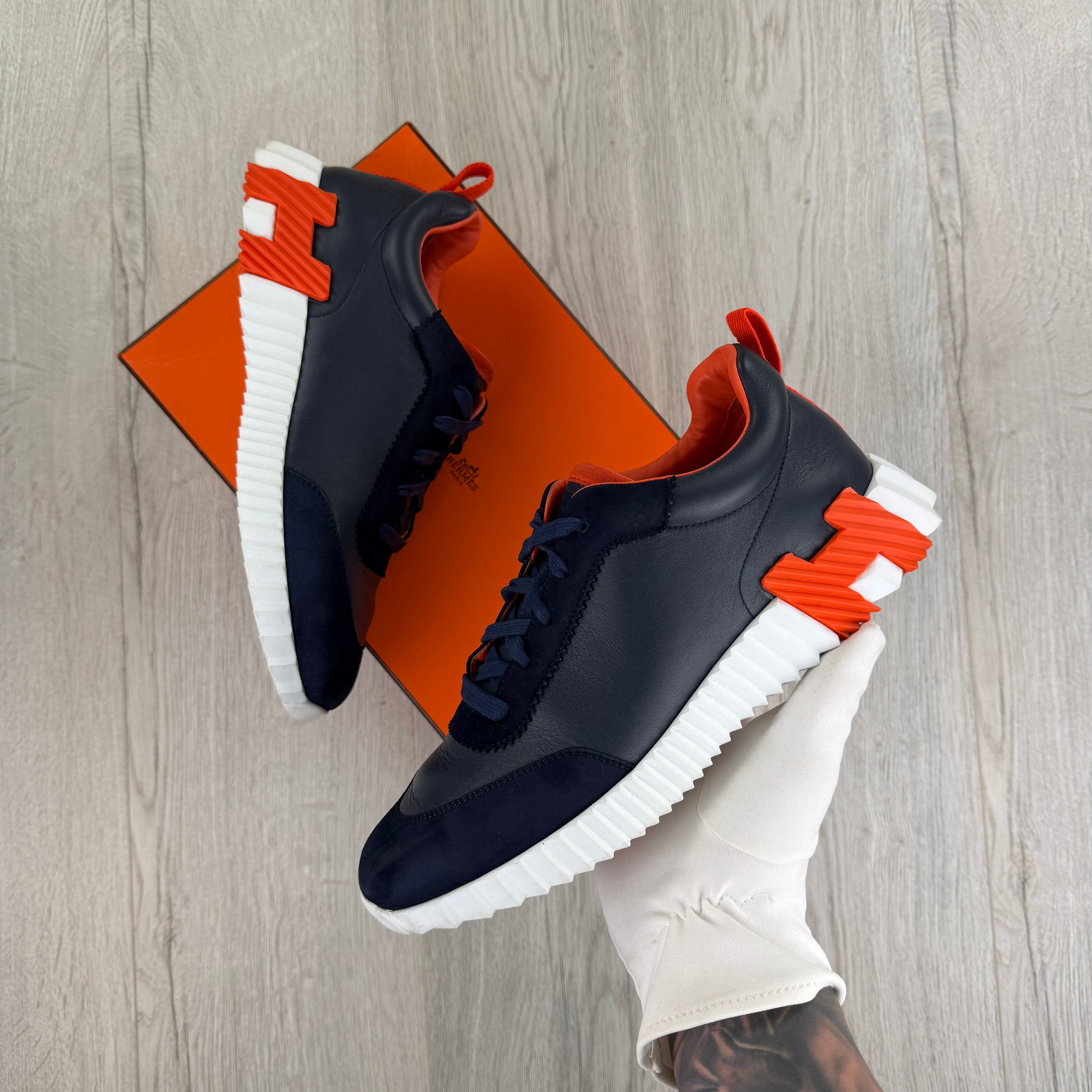 Hermes Men’s Navy & Orange Bouncing Sneakers - 42.5 (Fit Uk 8.5)