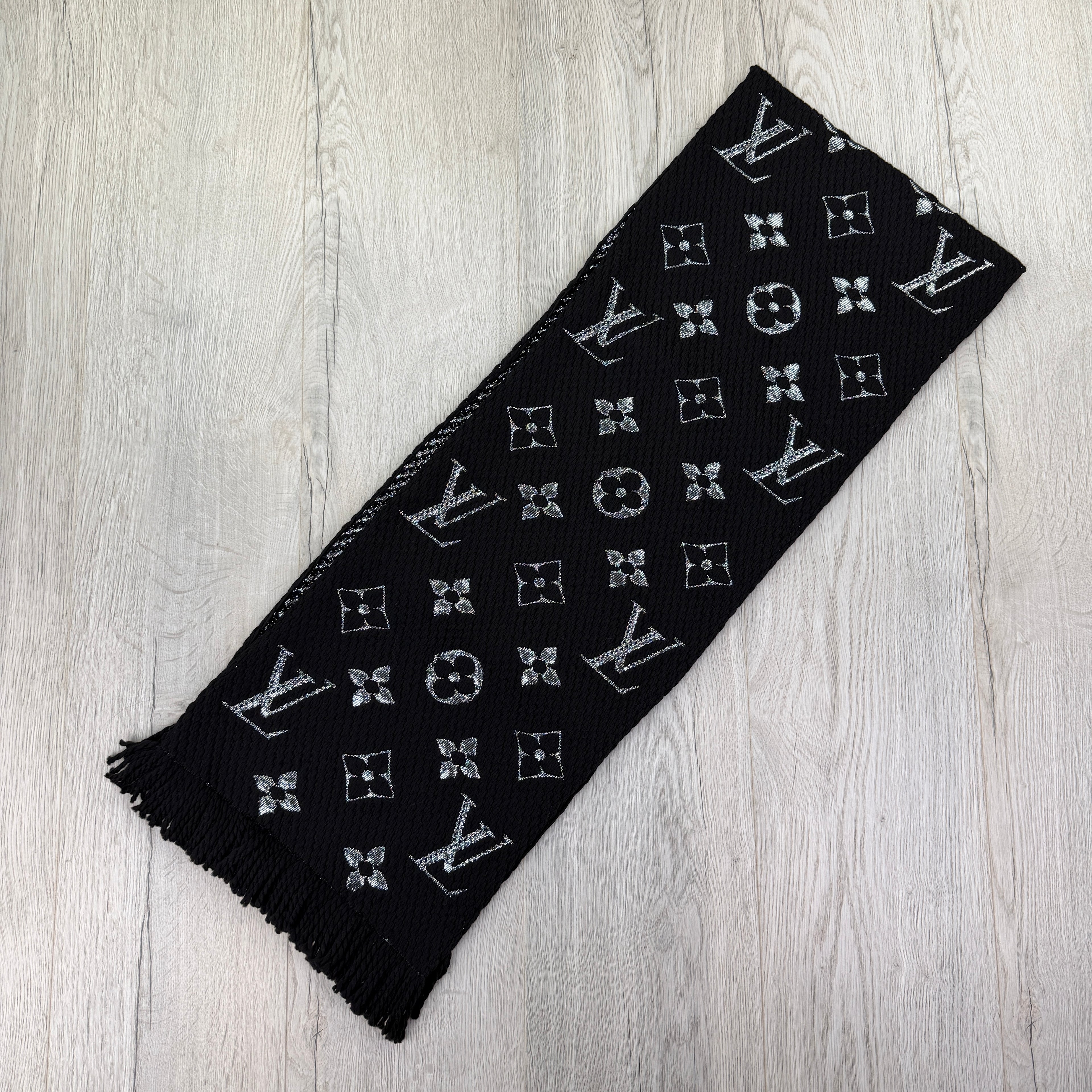 Louis Vuitton Black / Silver Wool & Silk Monogram Scarf