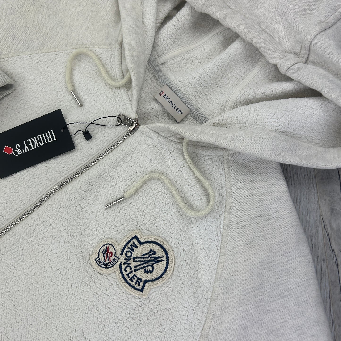 Moncler Men’s Double Badge Zip-up Light Grey Cotton & Shearing Hoodie - XL Slim