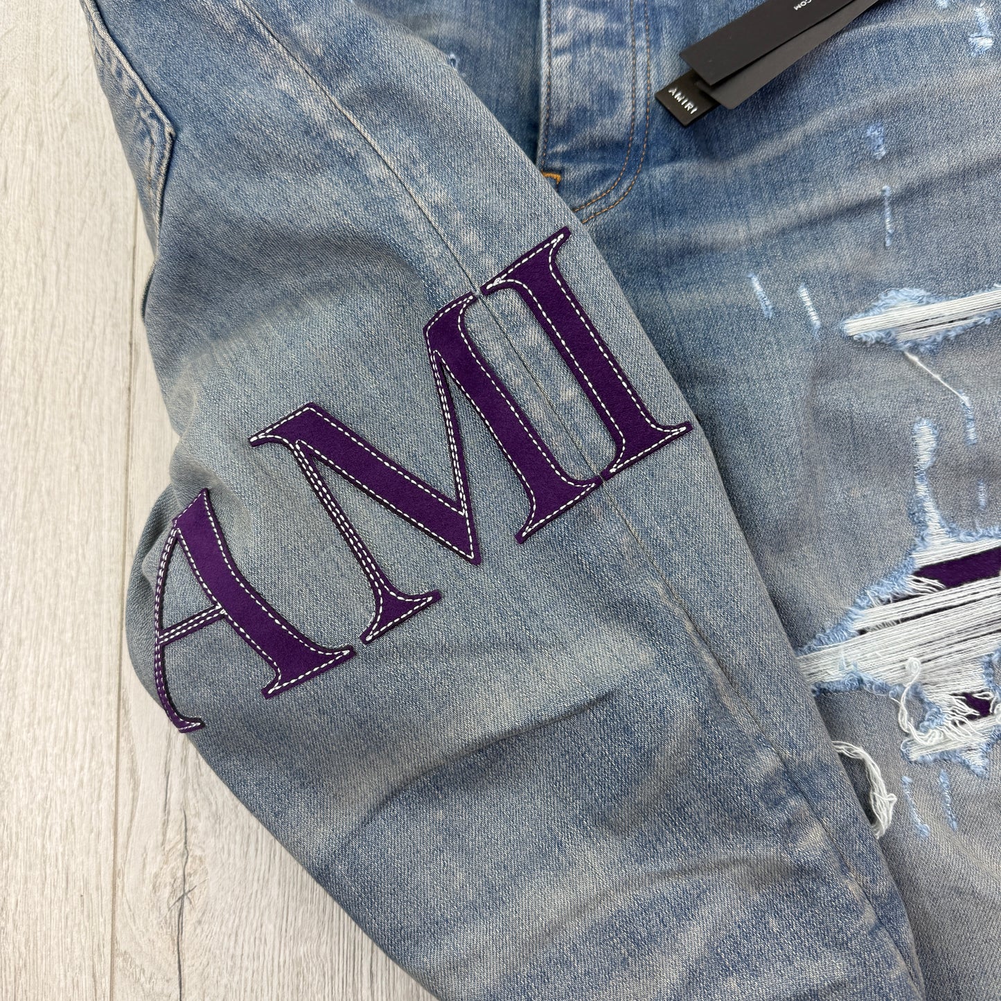 Amiri MX1 Men’s Blue Distressed Jeans With Purple Side Logo - Uk 32