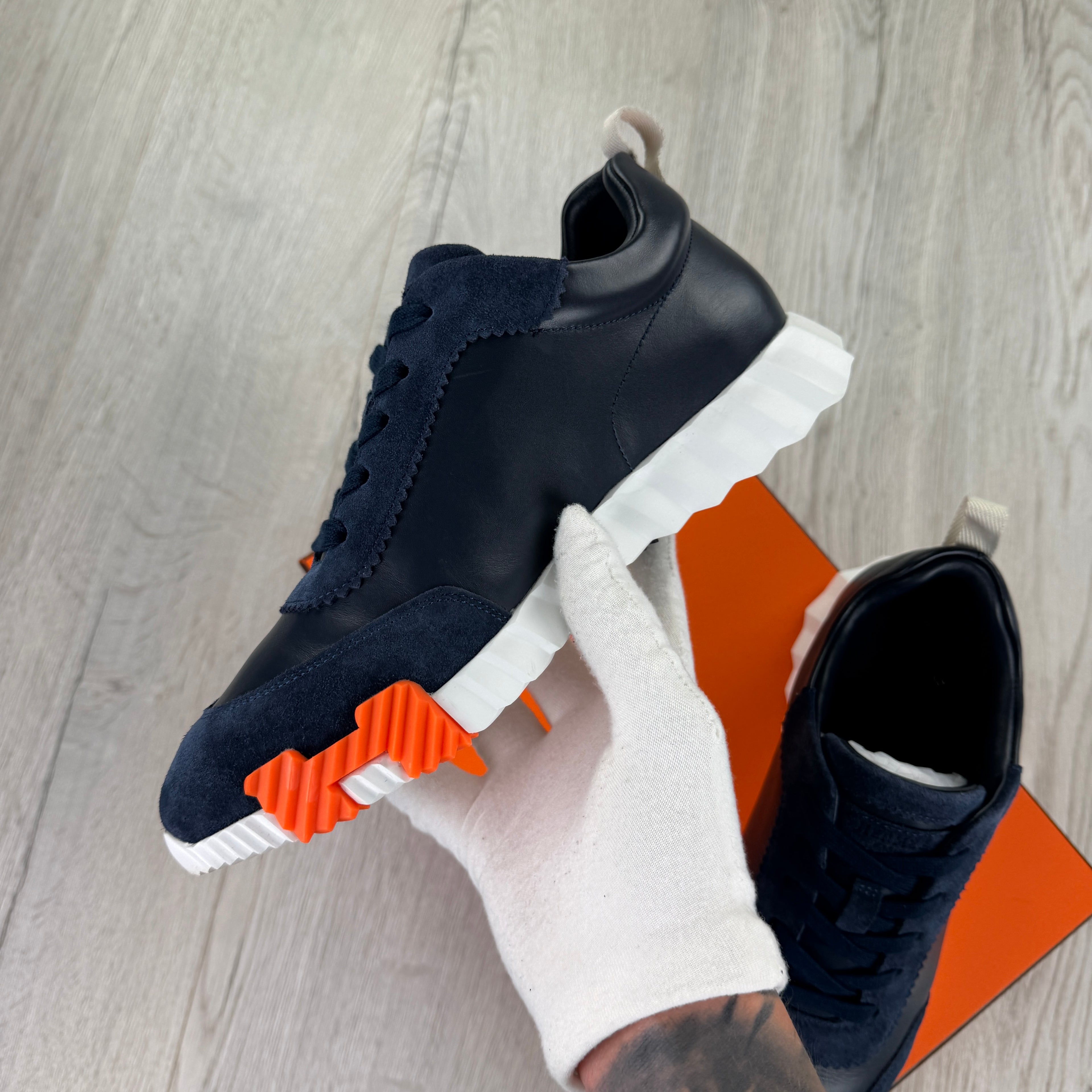 Hermes Men’s Navy Leather Bouncing Sneakers - 42 (Fit Uk 8)
