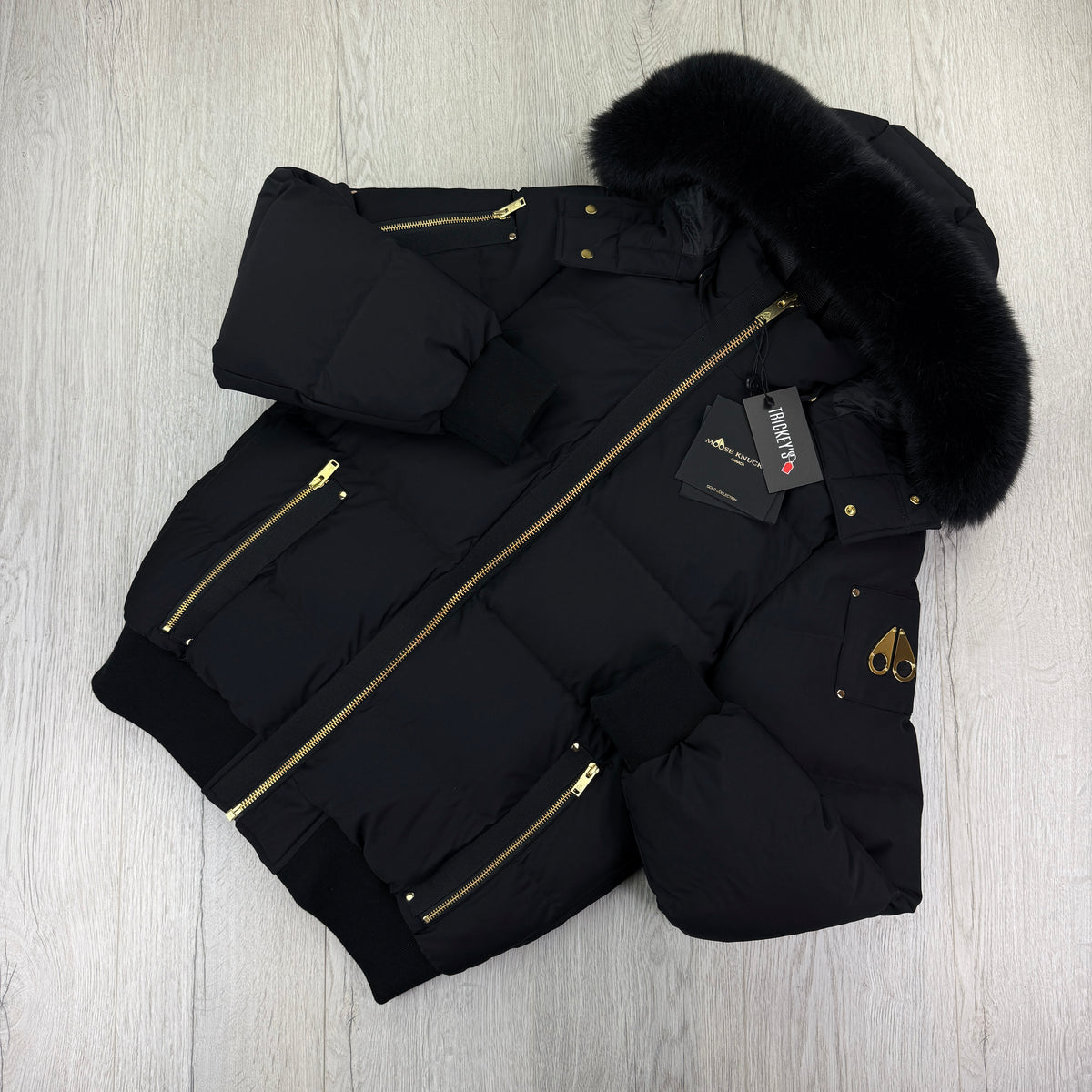 Moose Knuckles Men’s Black & Gold Double Zip Up Stagg Bomber Jacket