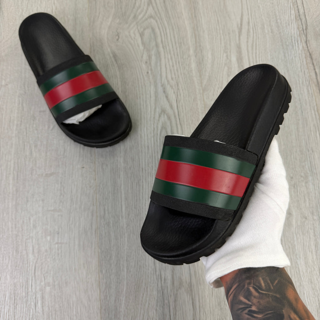 Gucci Men’s Black Web Stripe Sliders - UK 7