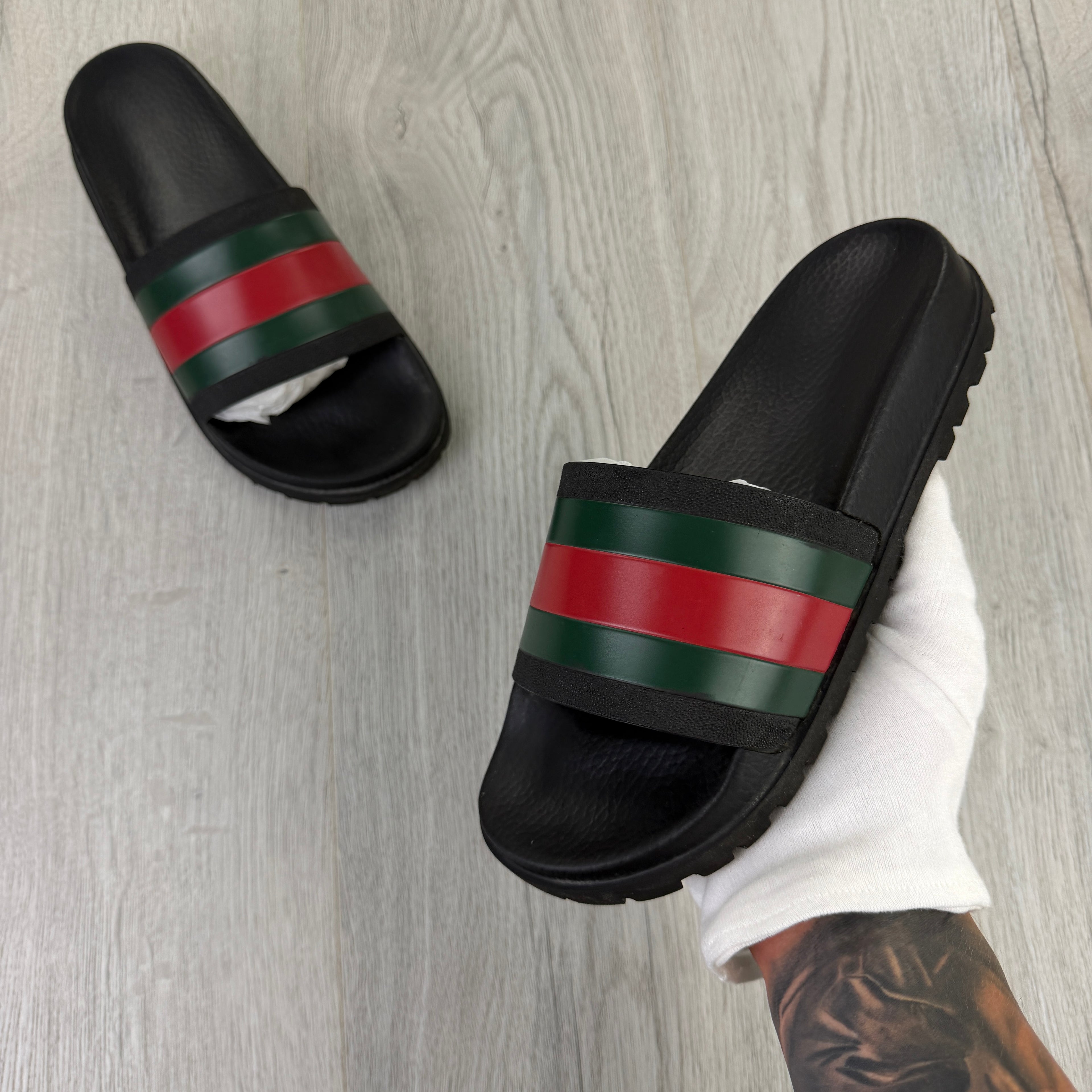 Gucci Men’s Black Web Stripe Sliders - UK 7