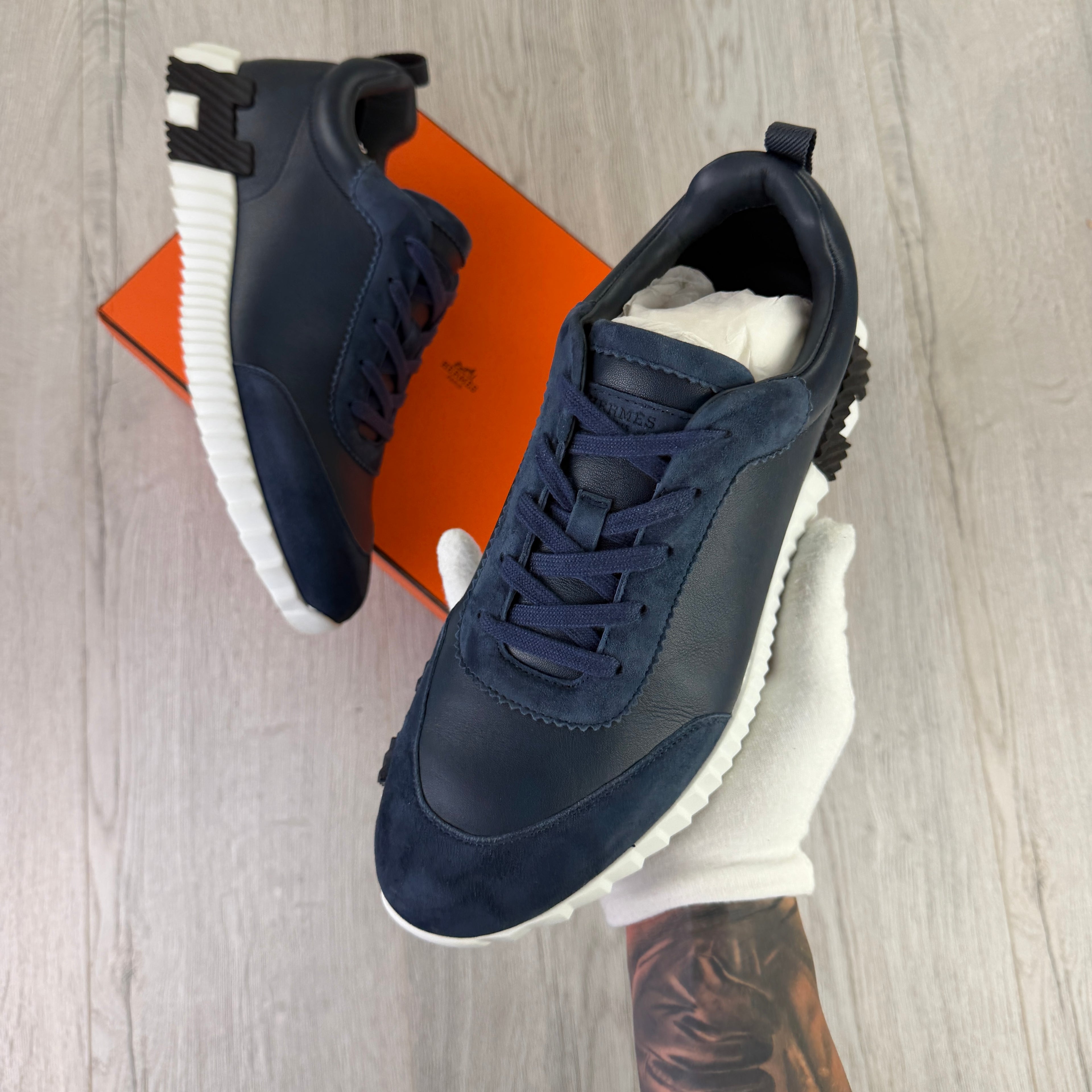 Hermes Men’s Navy Leather Bouncing Sneakers - Uk 11