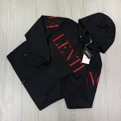 Valentino Men’s Black Windbreaker Jacket Red Logo - Size 50 (Fits Medium)