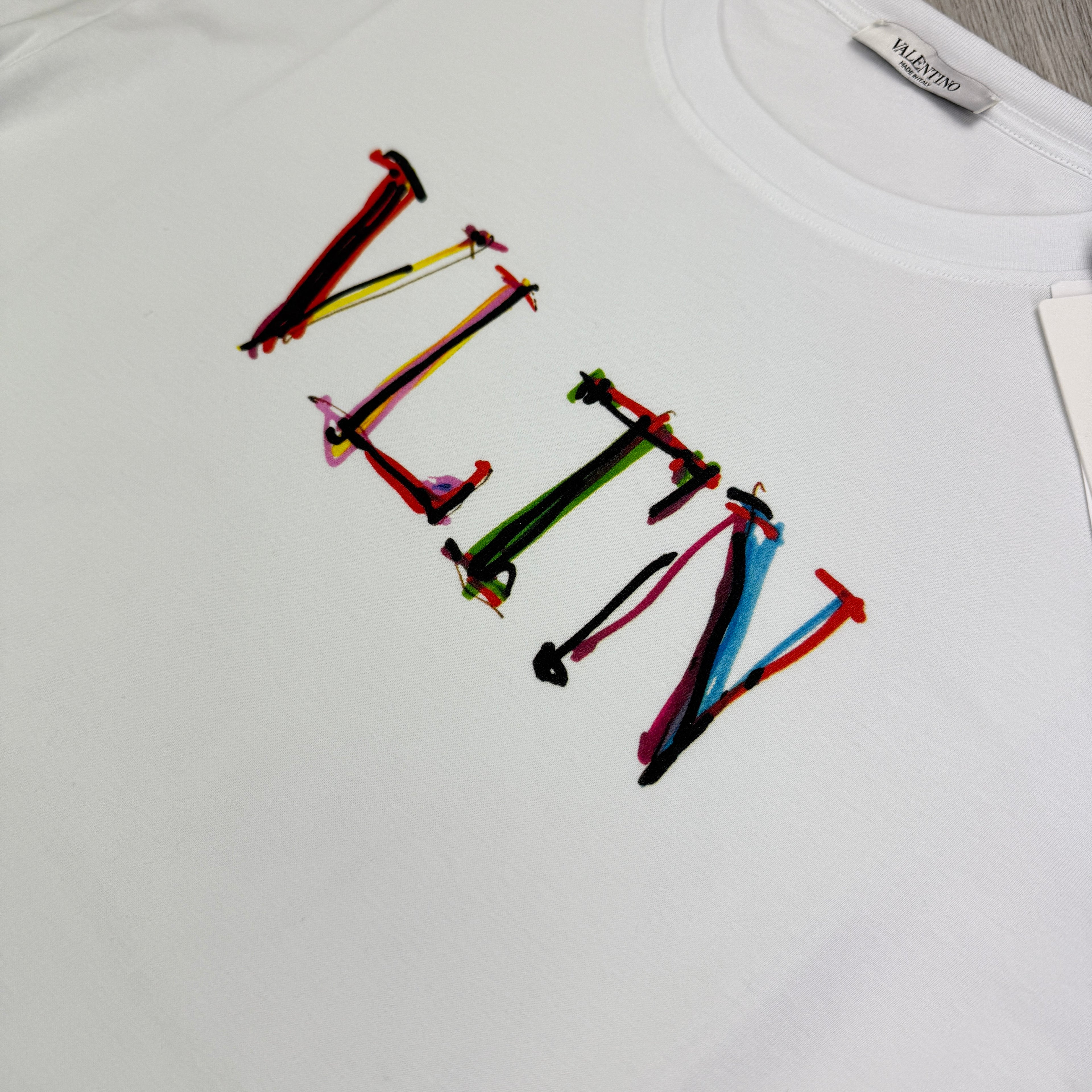 Valentino Men’s White T-shirt Coloured ‘VLTN’ Logo