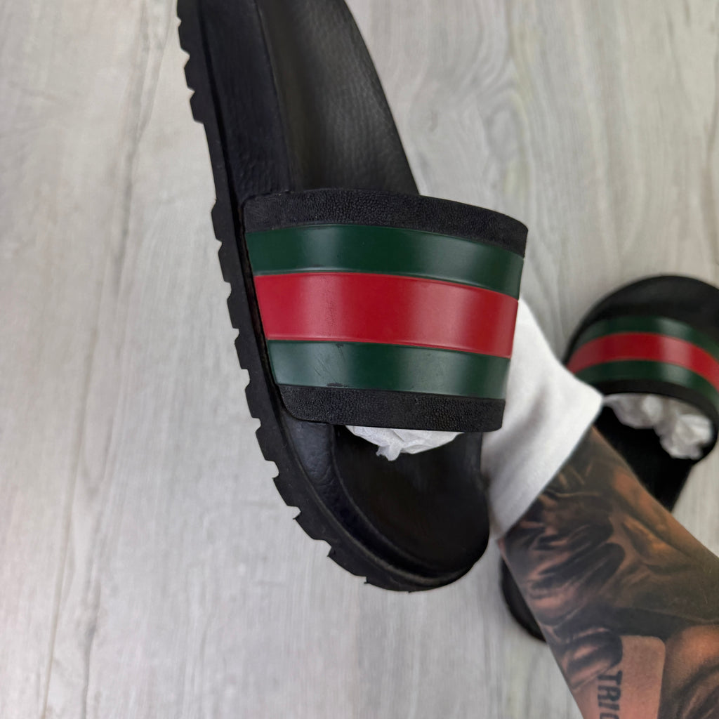 Gucci Men’s Black Web Stripe Sliders - UK 7