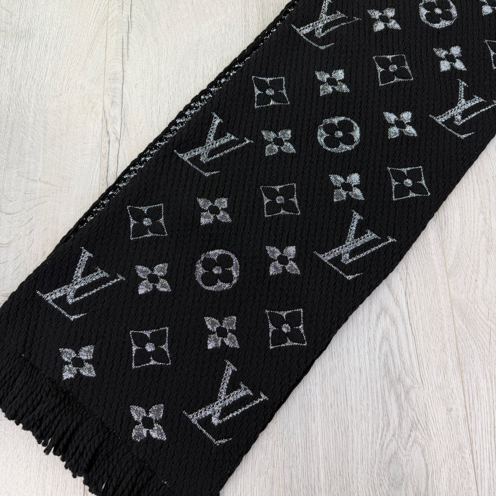Louis Vuitton Black / Silver Wool & Silk Monogram Scarf