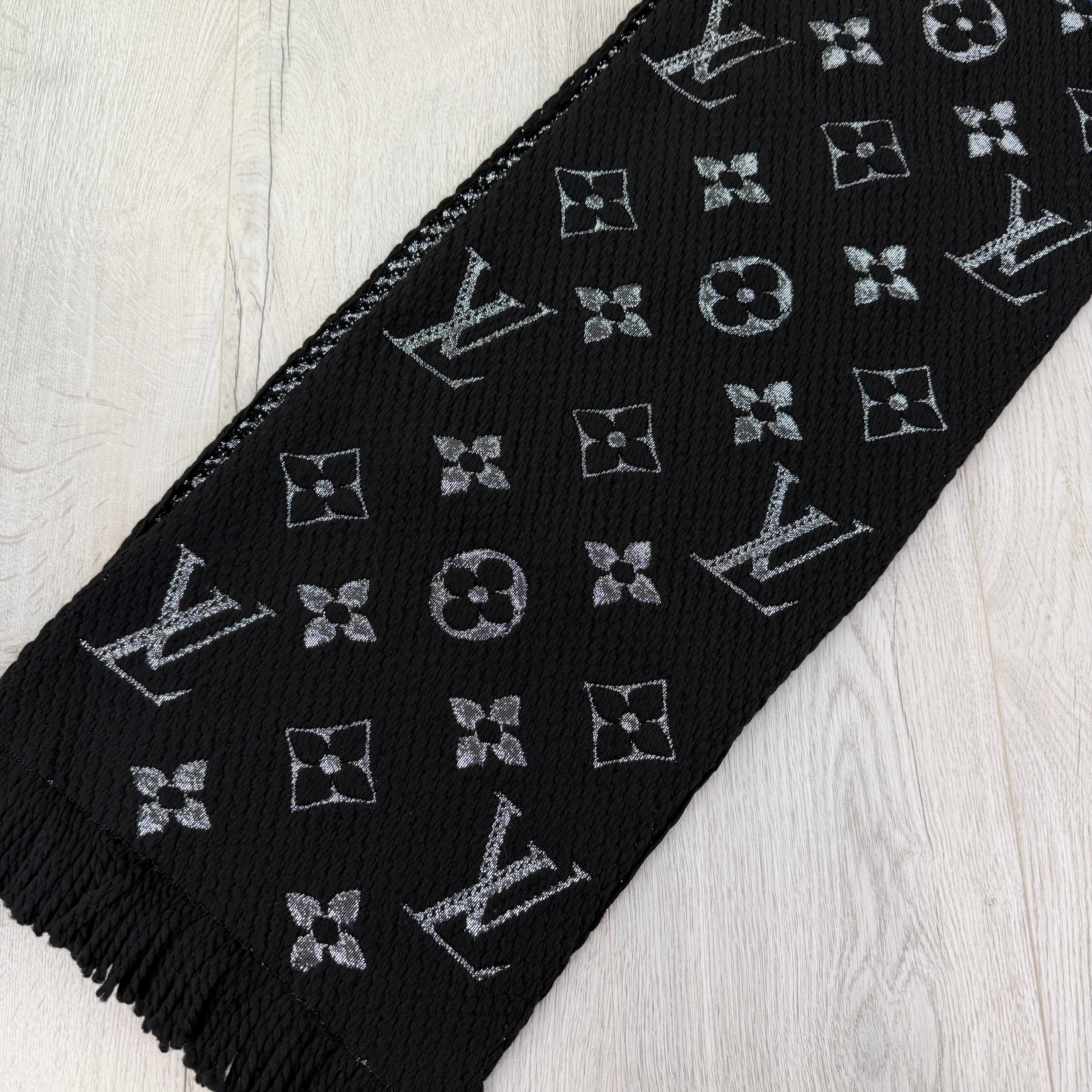 Louis Vuitton Black / Silver Wool & Silk Monogram Scarf