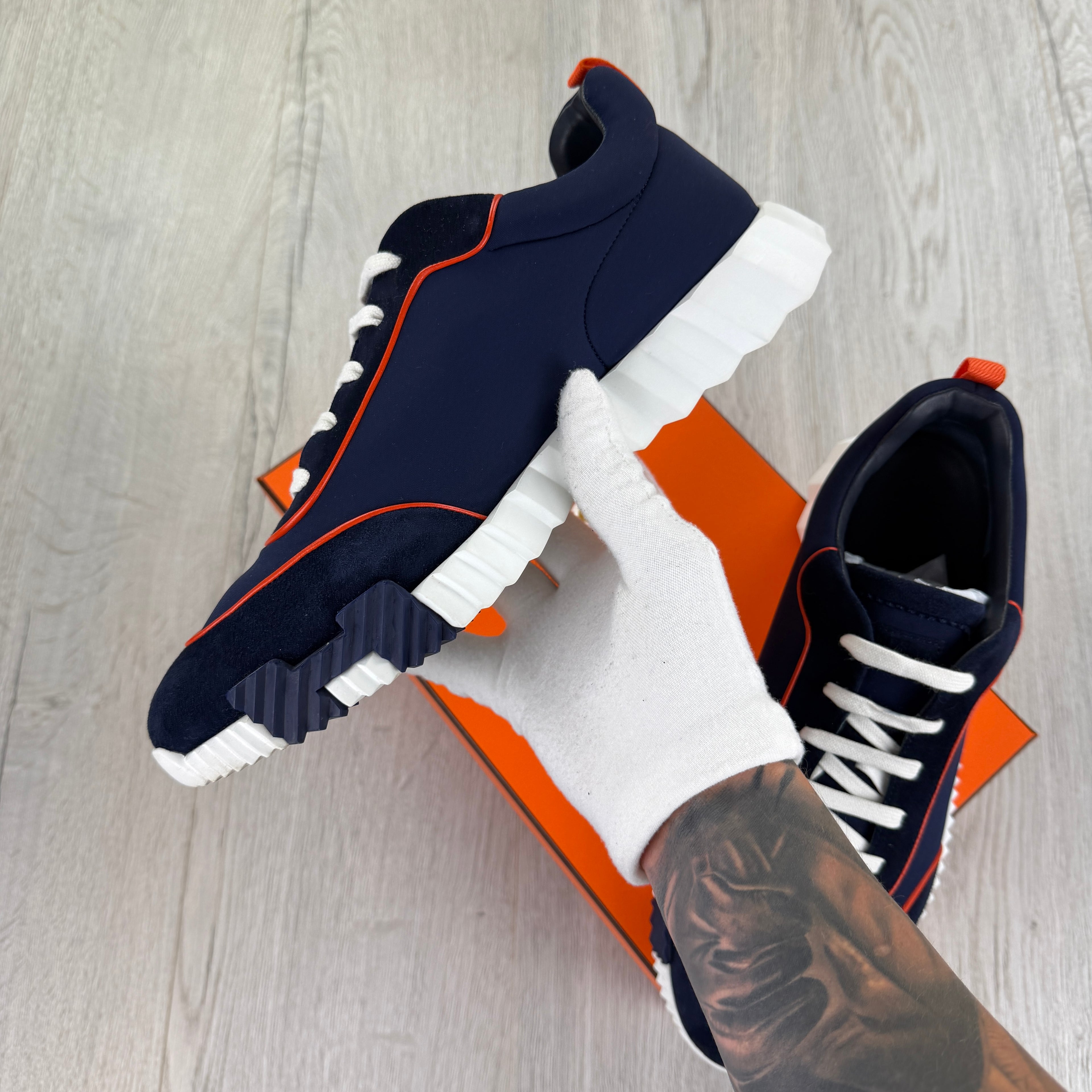 Hermes Men’s Navy Orange Bouncing Sneakers - 45 (Fit Uk 11)