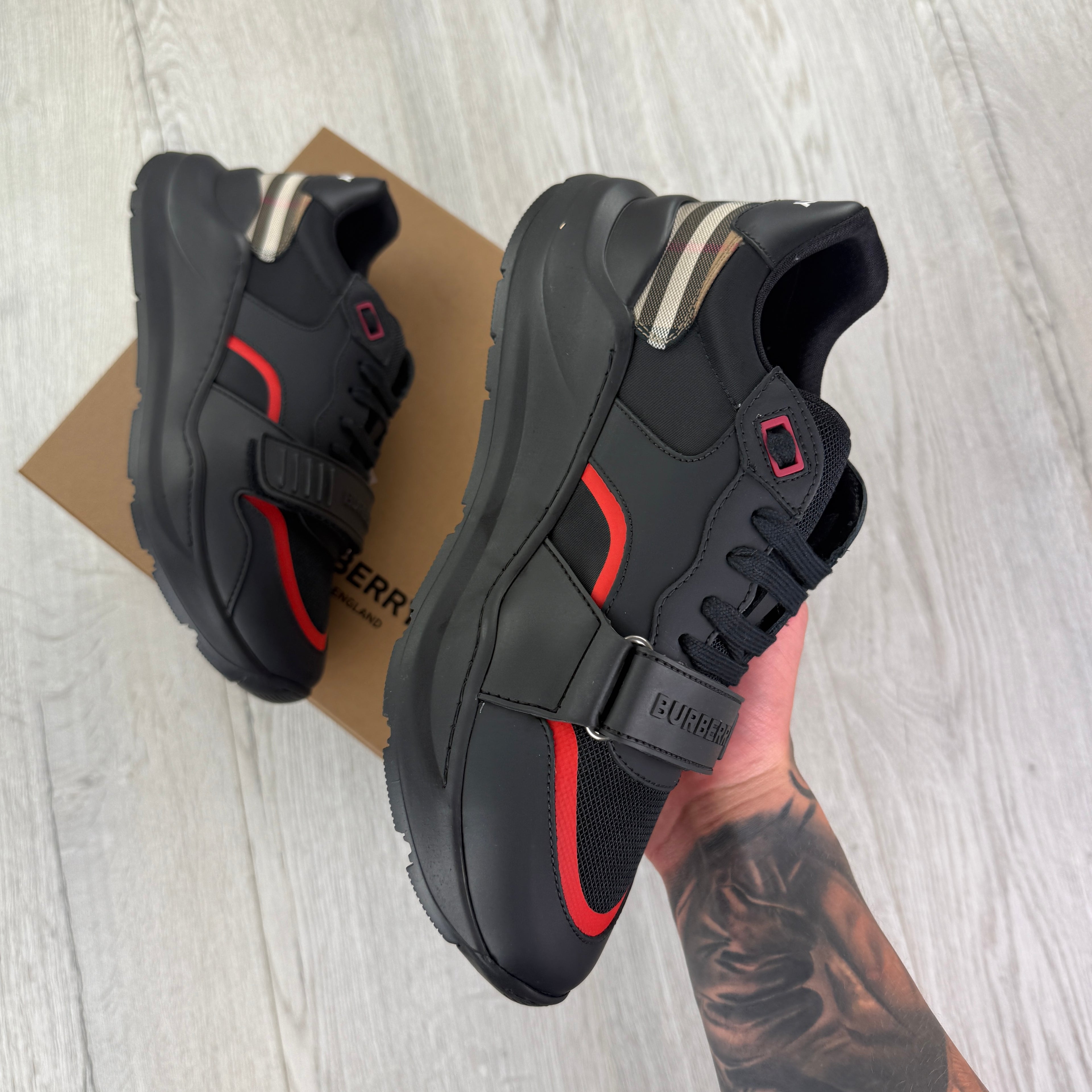 Burberry Men’s Black & Red Ramsey Check Trainers