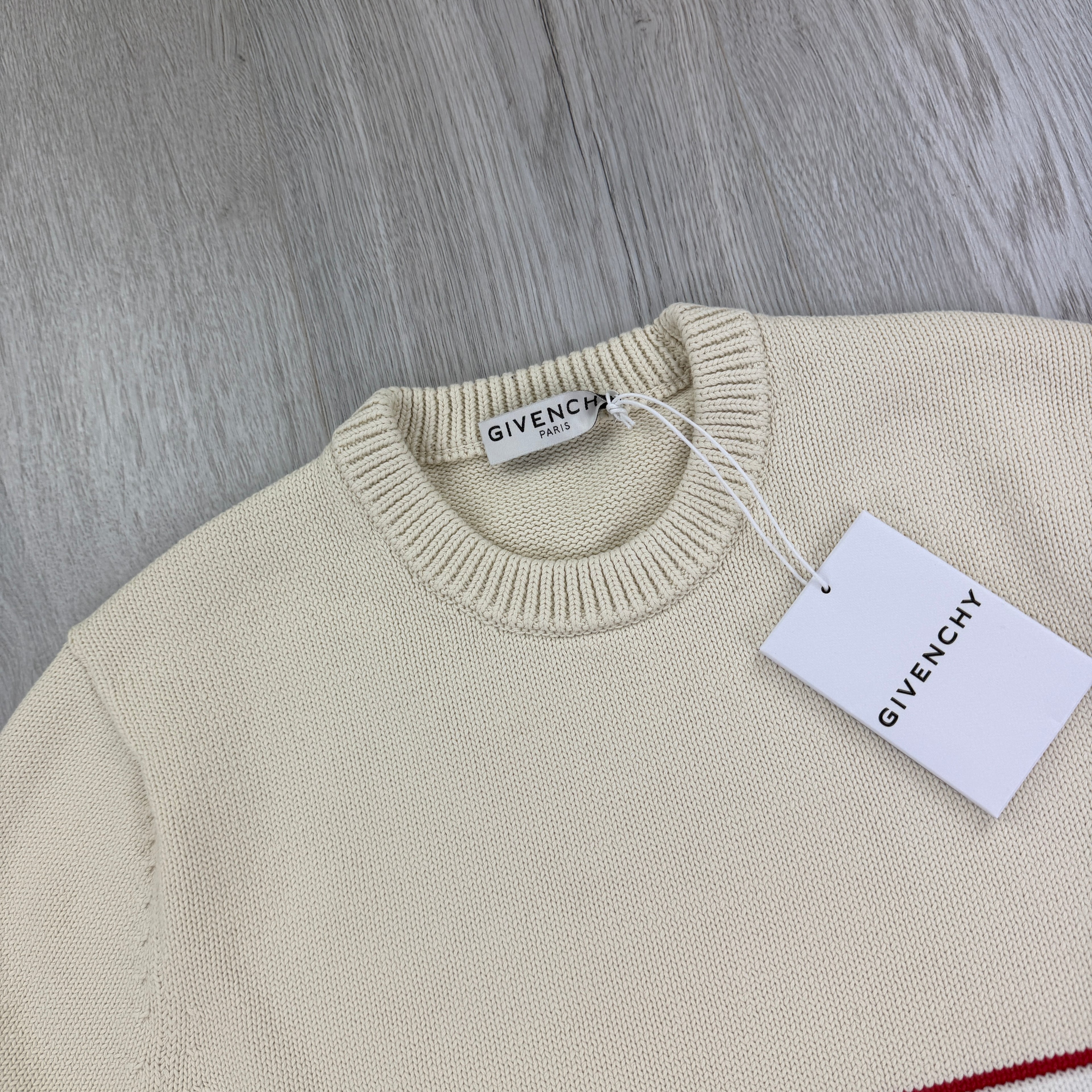 Givenchy Men’s Beige Stripe Logo Knitted Crewneck Jumper