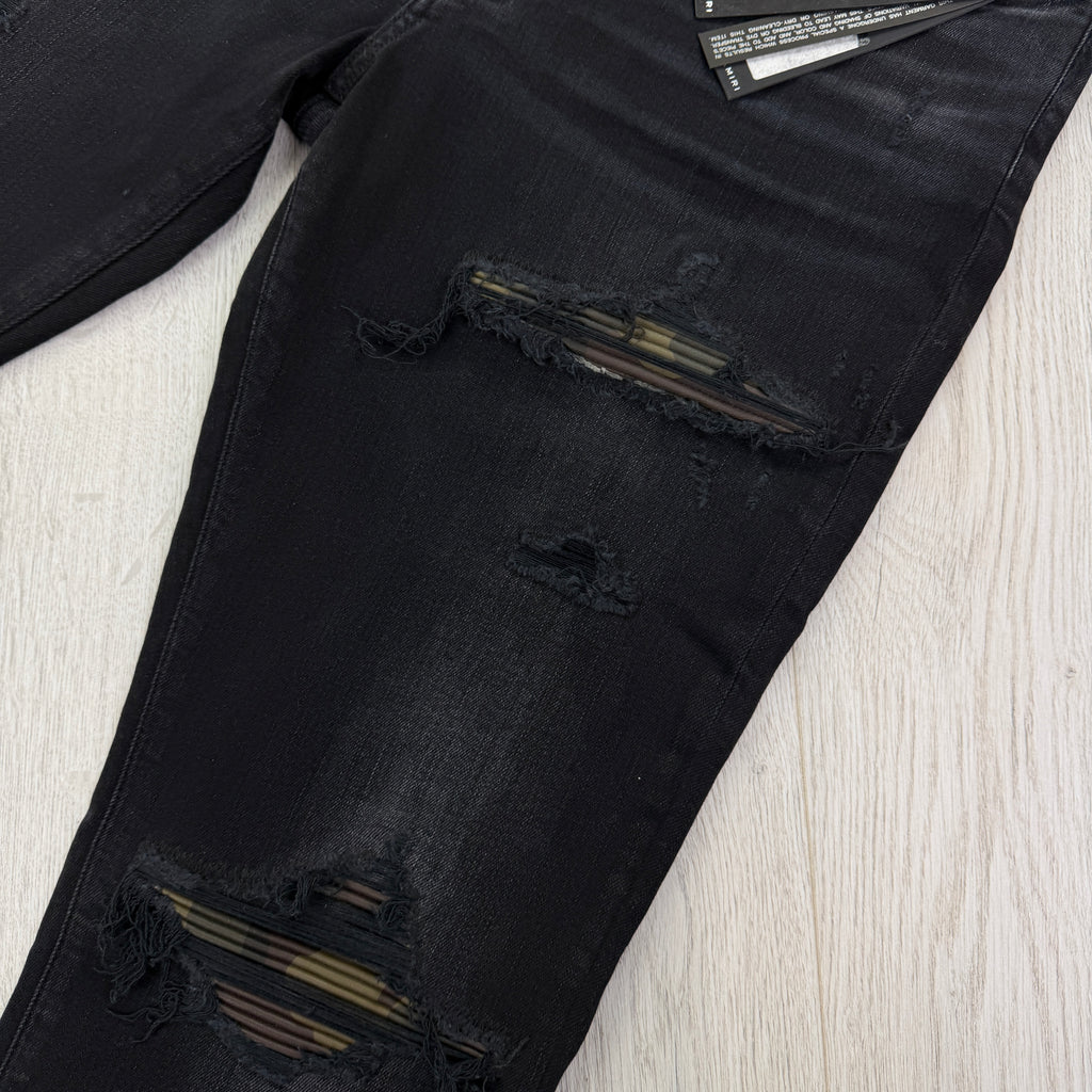 Amiri MX1 Men’s Black Distressed Core Camouflage Applique Jeans
