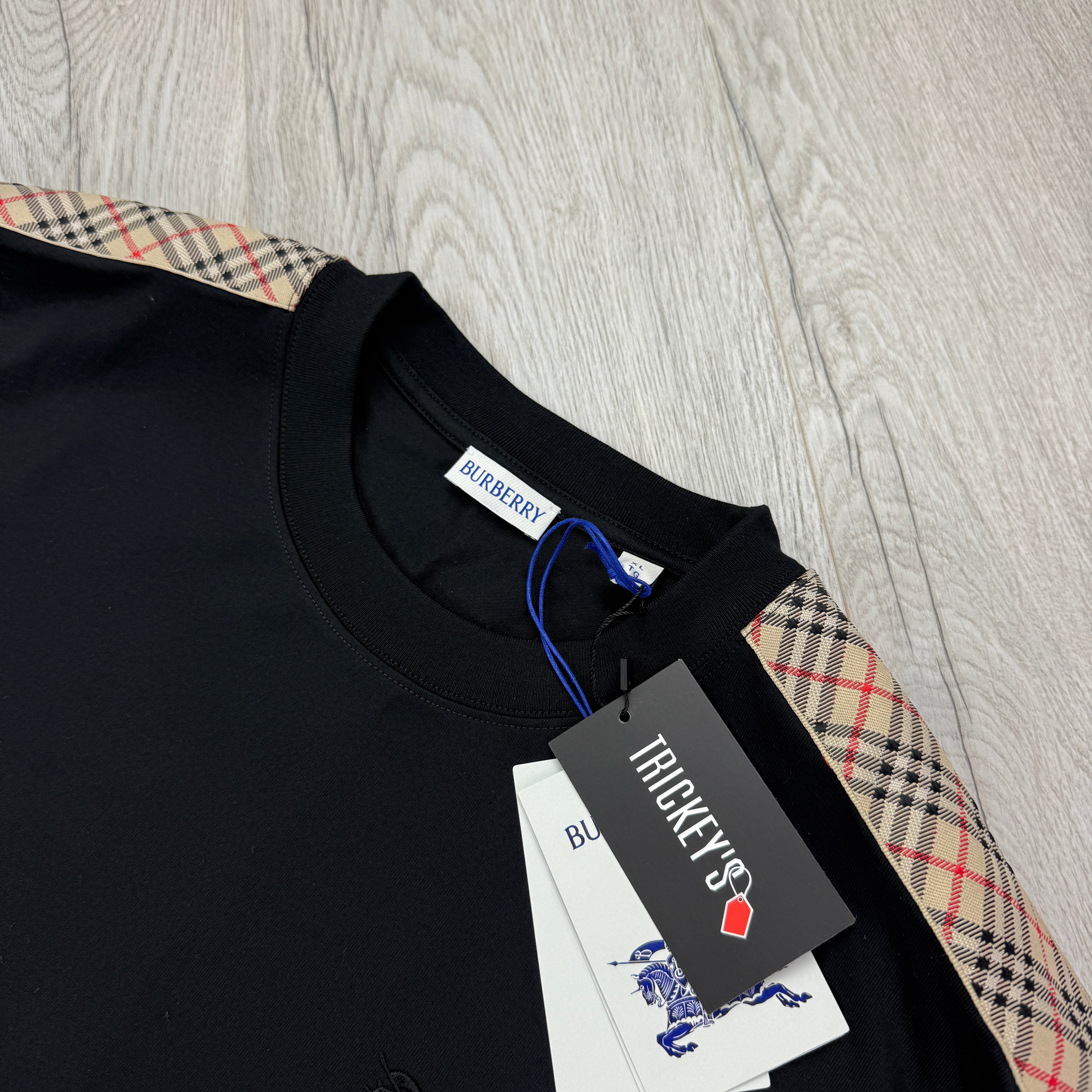 Burberry Men’s Black Check Trim Cotton T-shirt - XL