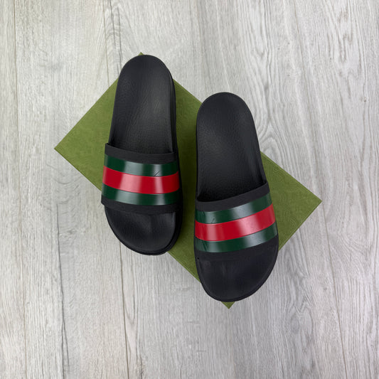 Gucci Men’s Black Sandal With Web Sliders - Uk 11
