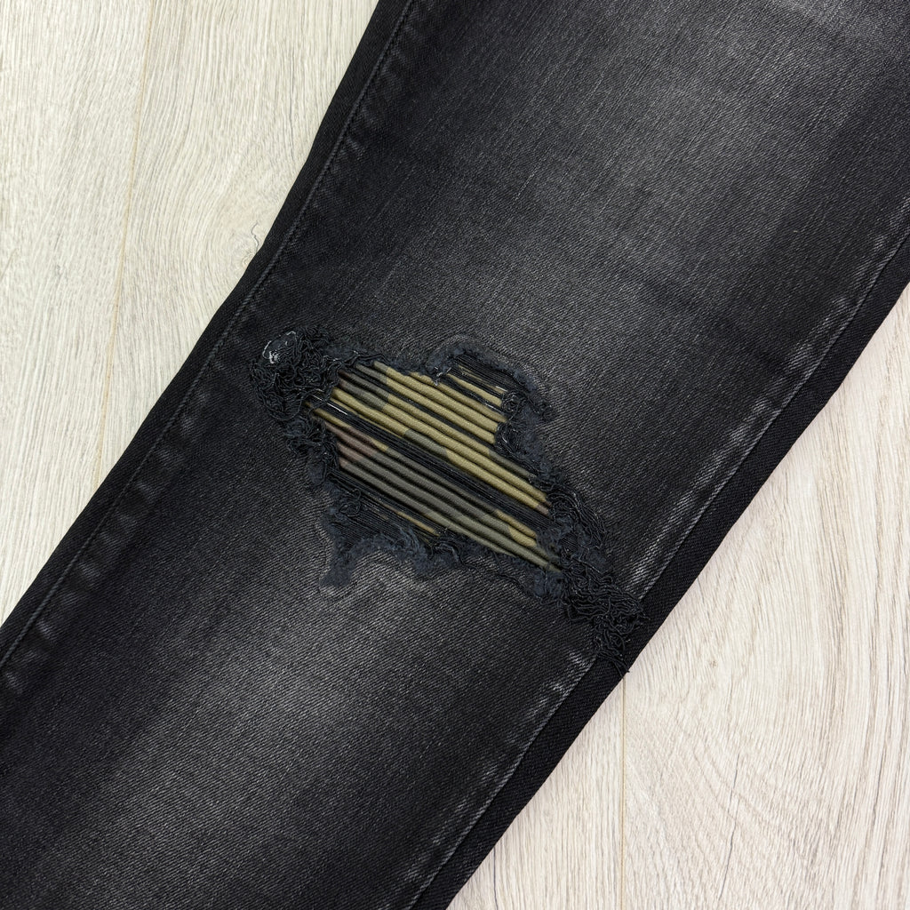 Amiri MX1 Men’s Black Distressed Core Camouflage Applique Jeans