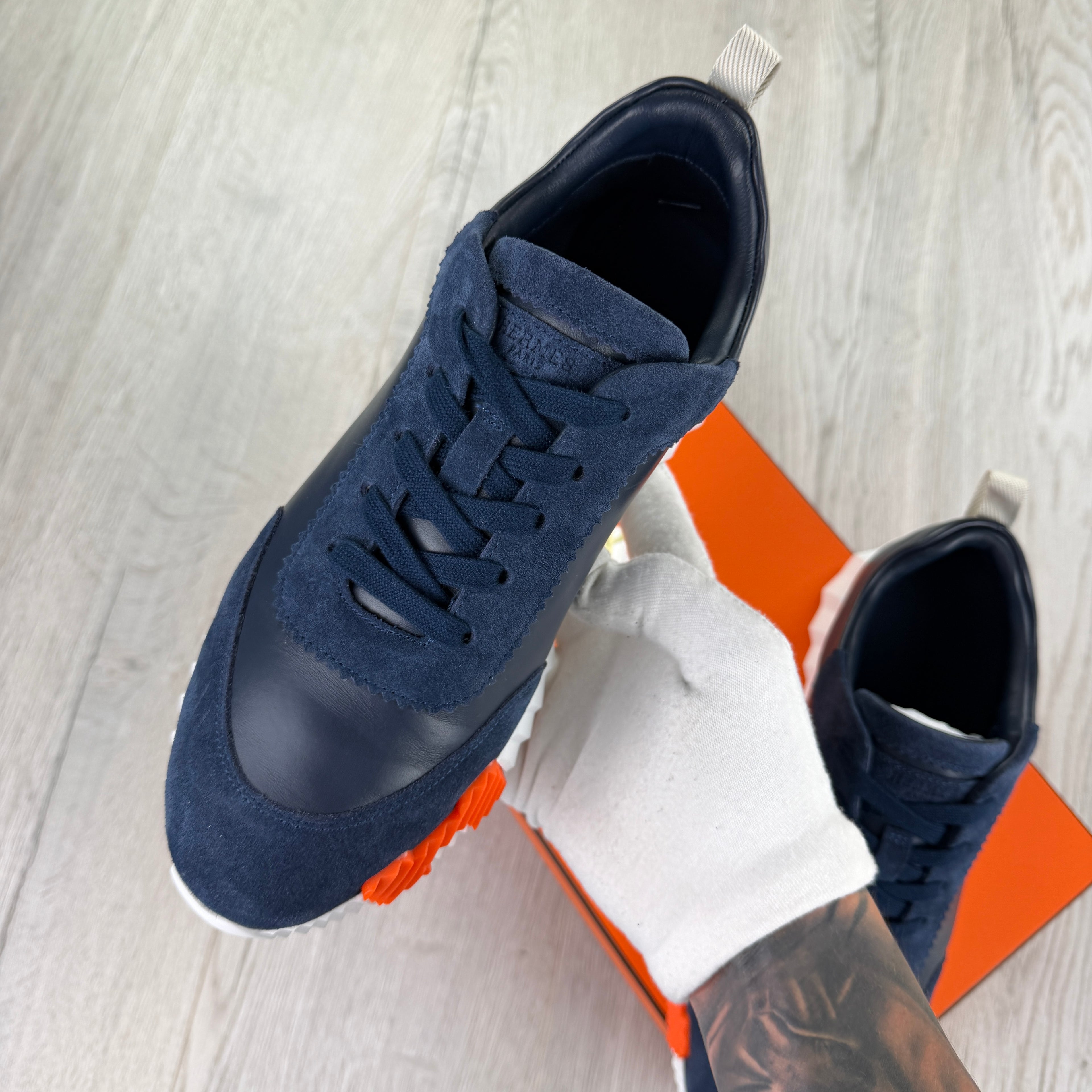 Hermes Men’s Navy Leather Bouncing Sneakers - 42 (Fit Uk 8)