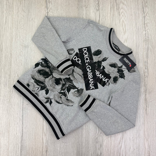 Dolce & Gabbana Men’s Grey Crewneck Floral Boxed Logo Jumper - Small Slim
