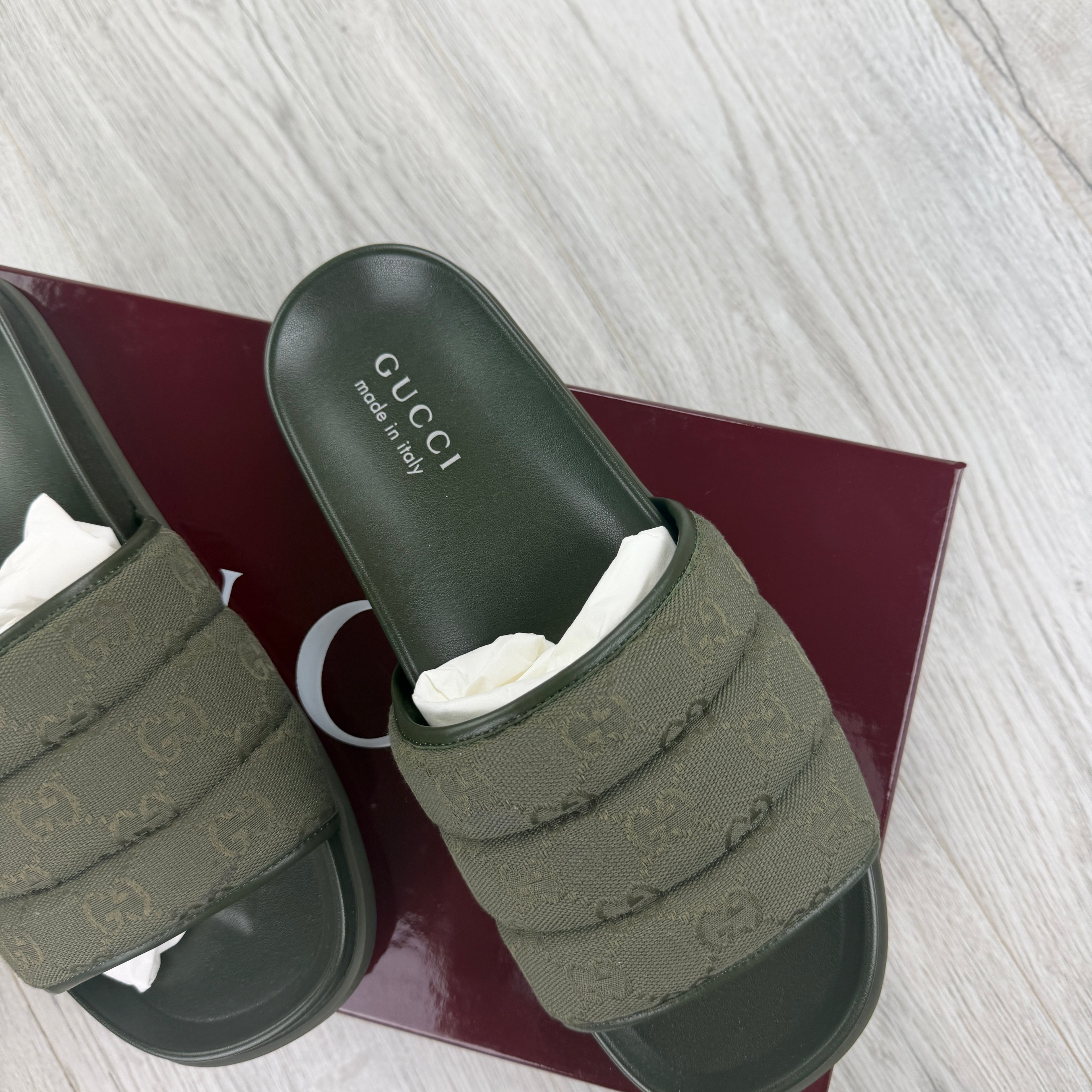 Gucci Men’s Olive Green GG Monogram Canvas Sliders