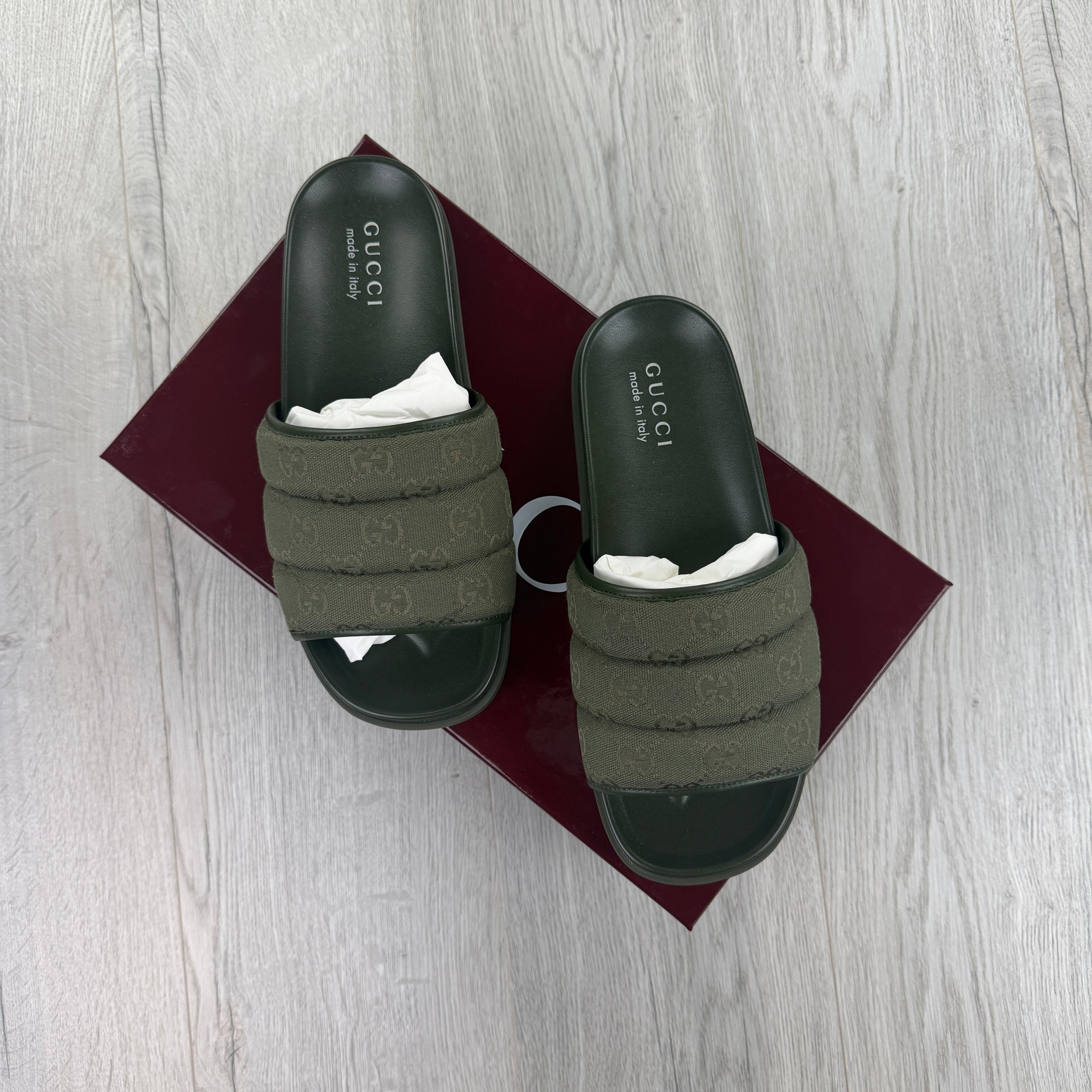 Gucci Men’s Olive Green GG Monogram Canvas Sliders