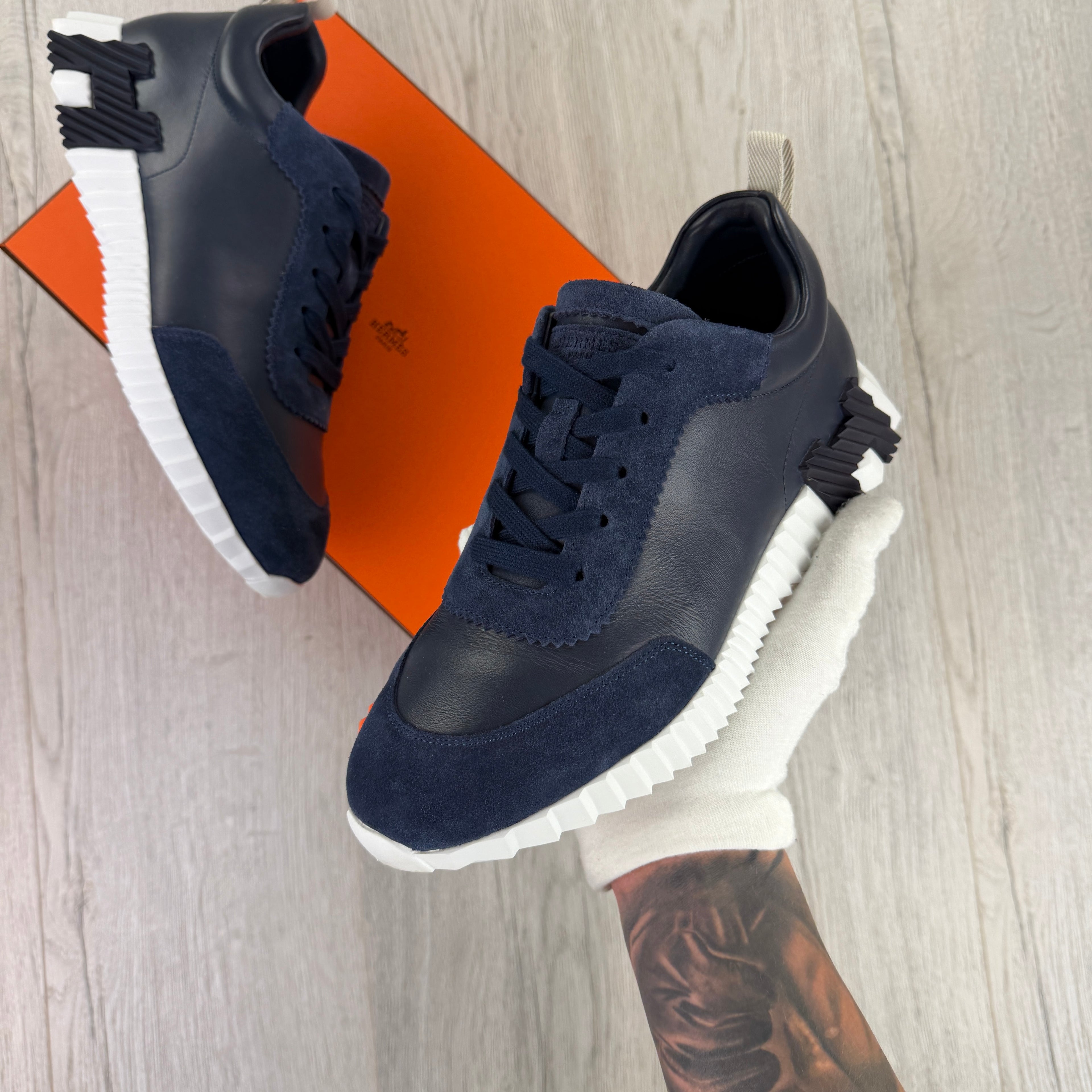 Hermes Men’s Navy Leather Bouncing Sneakers - 42 (Fit Uk 8)