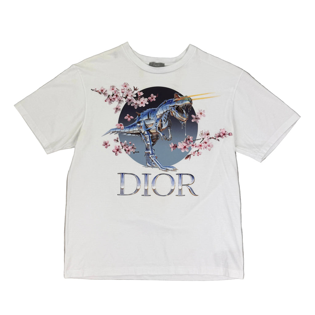 Dior X Sorayama Men’s White Dinosaur Printed T-shirt - Small