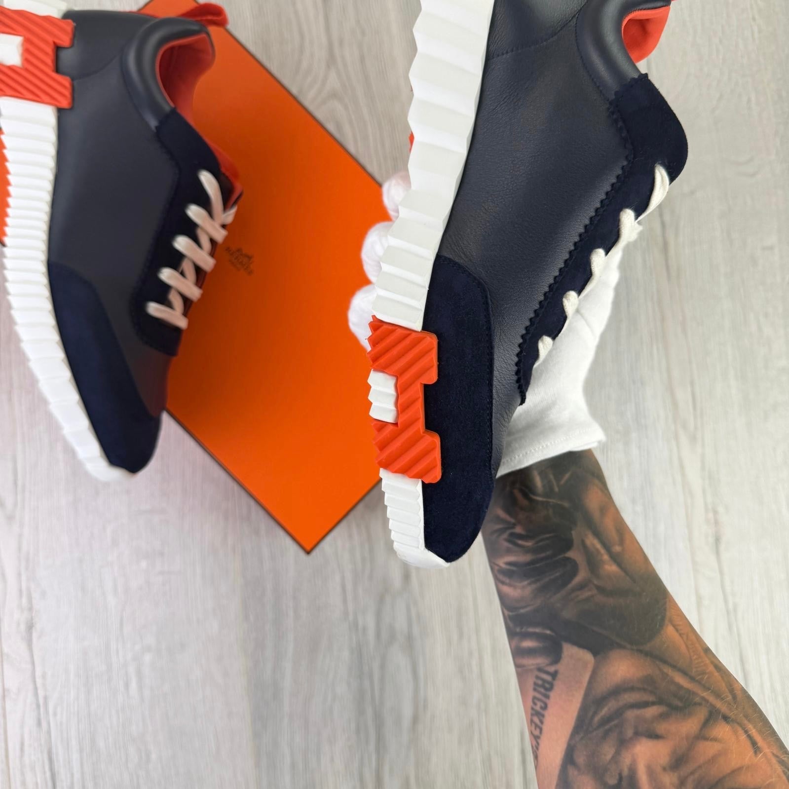 Hermes Men’s Navy Orange Bouncing Sneakers - 42 (Fit Uk 8)