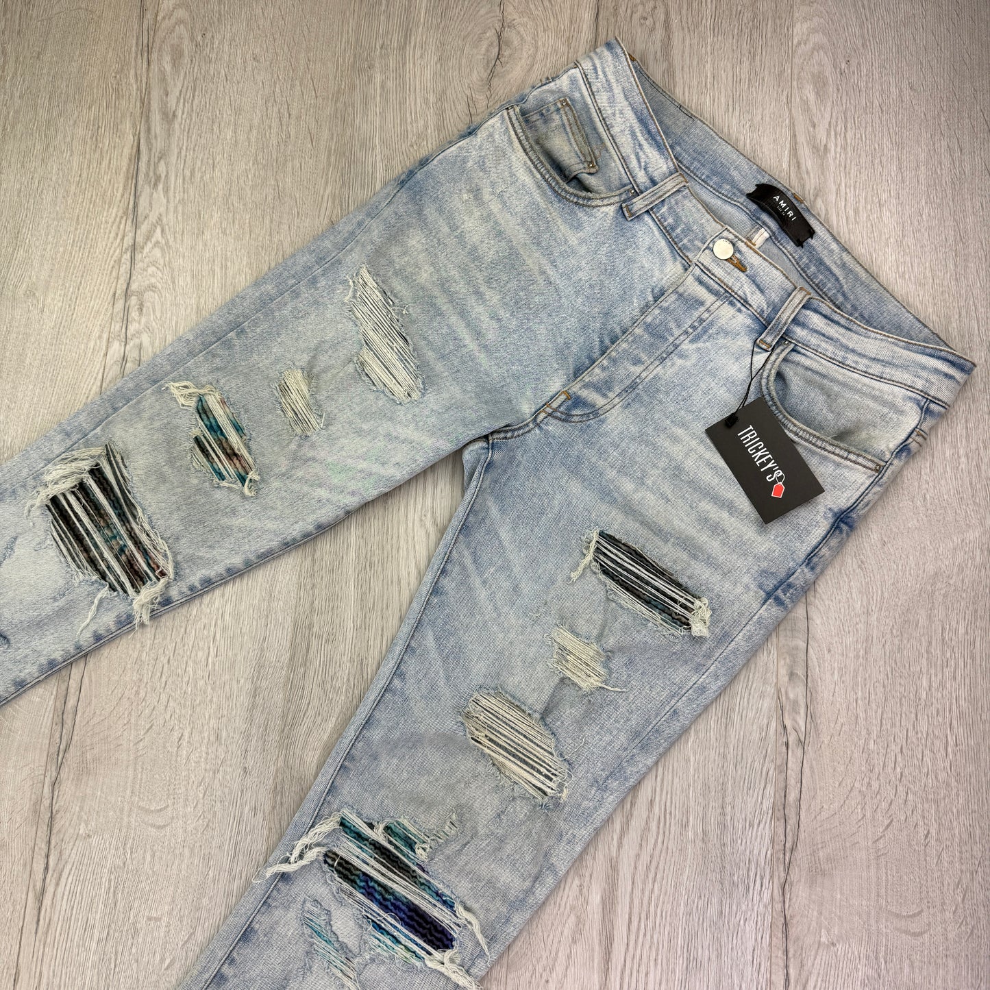 Amiri Men’s Light Denim Blue Tie-Dye MX1 Distressed Ripped Jeans - UK 34