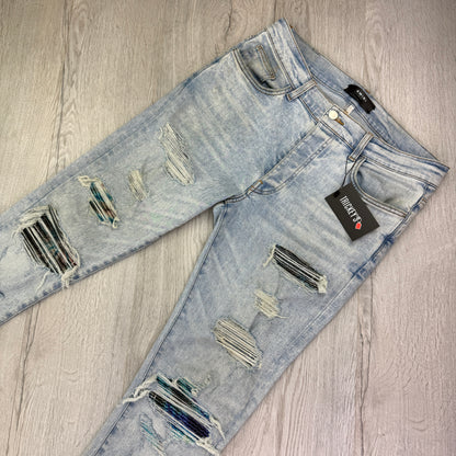 Amiri Men’s Light Denim Blue Tie-Dye MX1 Distressed Ripped Jeans - UK 34
