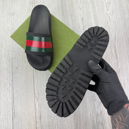 Gucci Men’s Black Sandal With Web Sliders - Uk 11