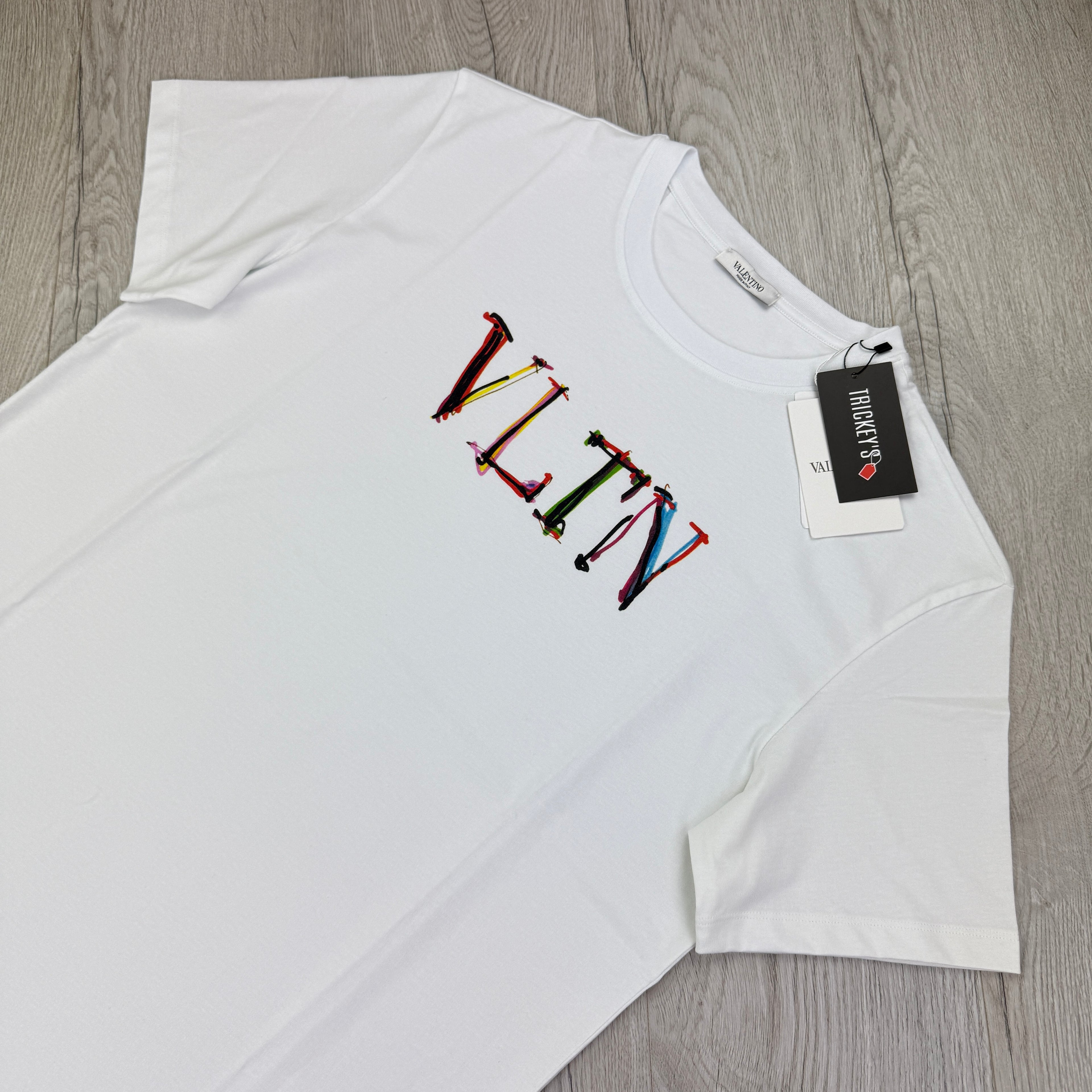 Valentino Men’s White T-shirt Coloured ‘VLTN’ Logo