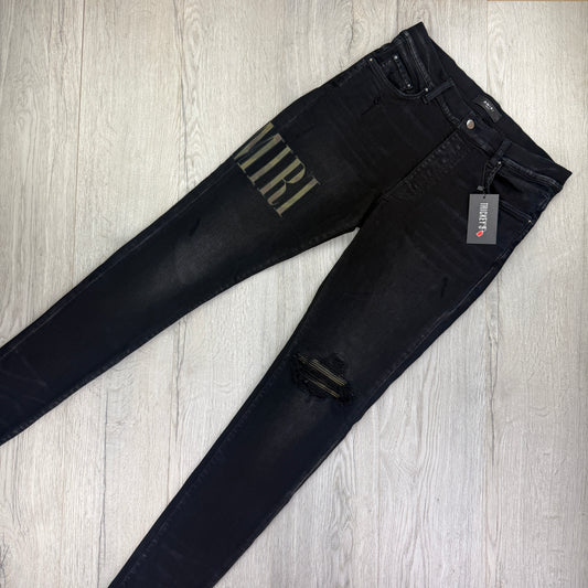 Amiri MX1 Men’s Black Distressed Core Camouflage Applique Jeans