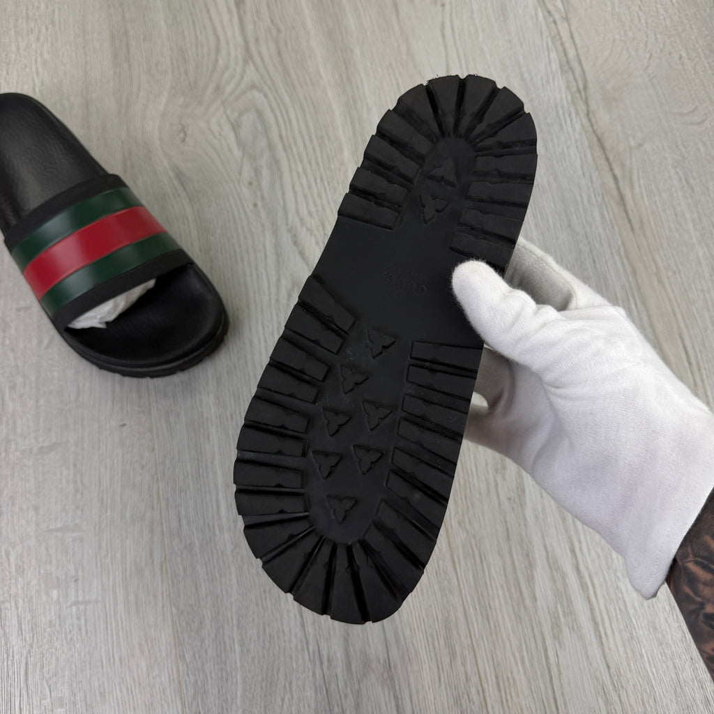 Gucci Men’s Black Web Stripe Sliders - UK 7