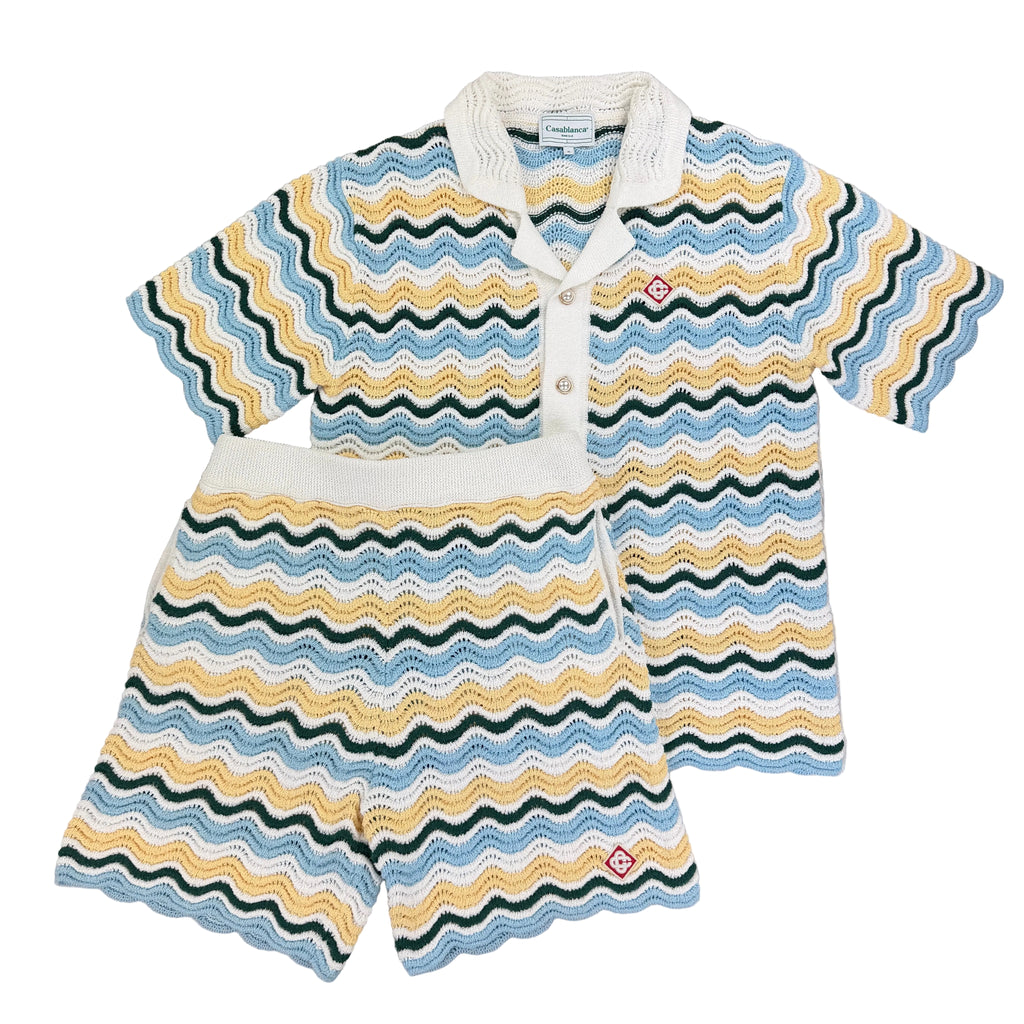 Casablanca Men’s Tennis Stripe Crochet Short Sleeve Shirt & Shorts Set - XL