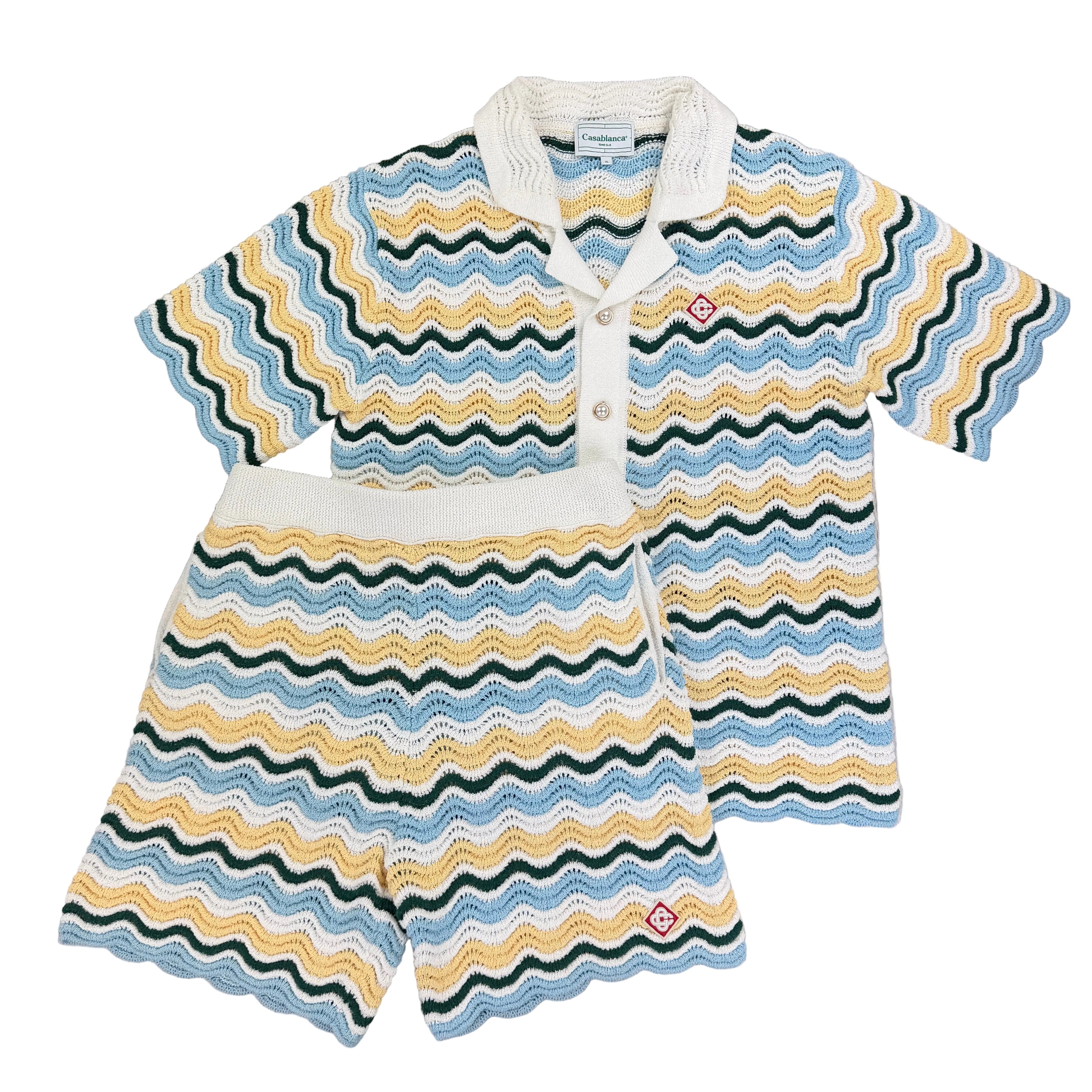 Casablanca Men’s Tennis Stripe Crochet Short Sleeve Shirt & Shorts Set - XL