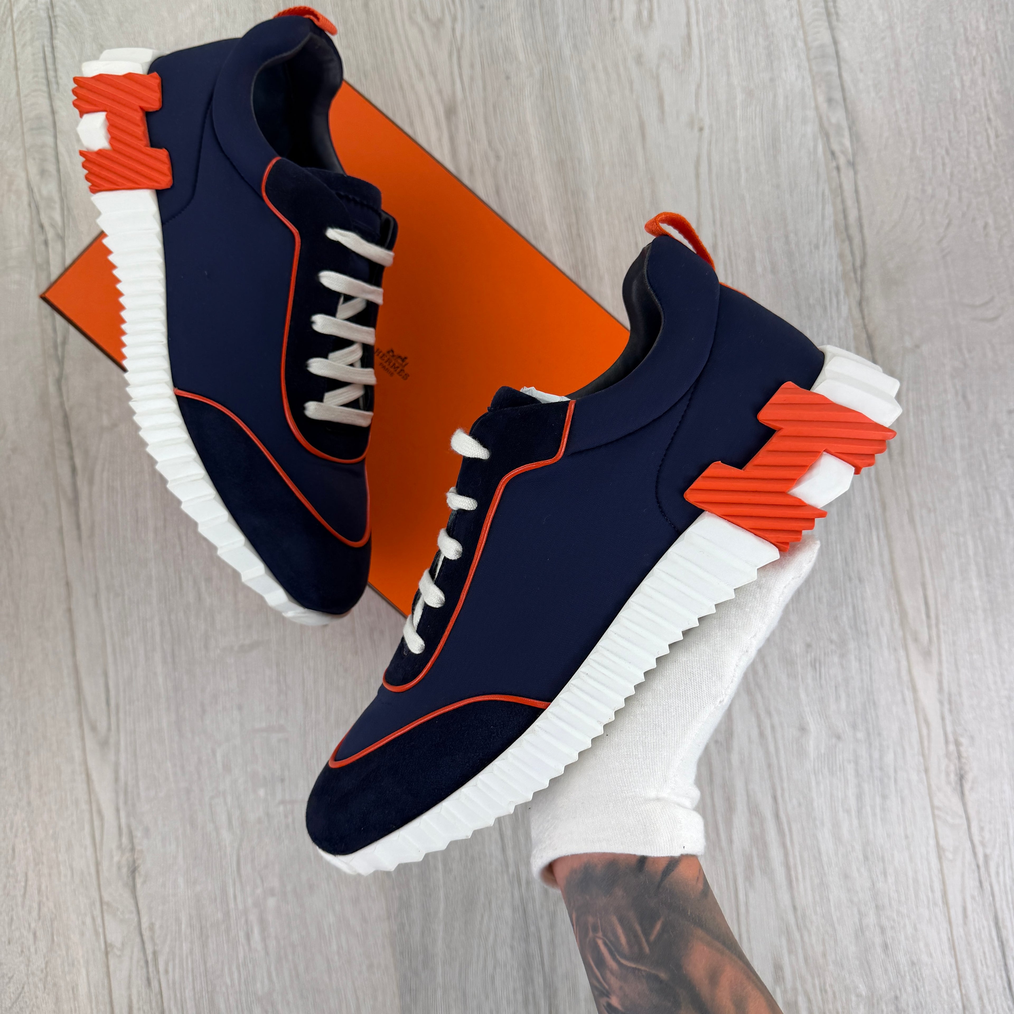 Hermes Men’s Navy Orange Bouncing Sneakers - 45 (Fit Uk 11)